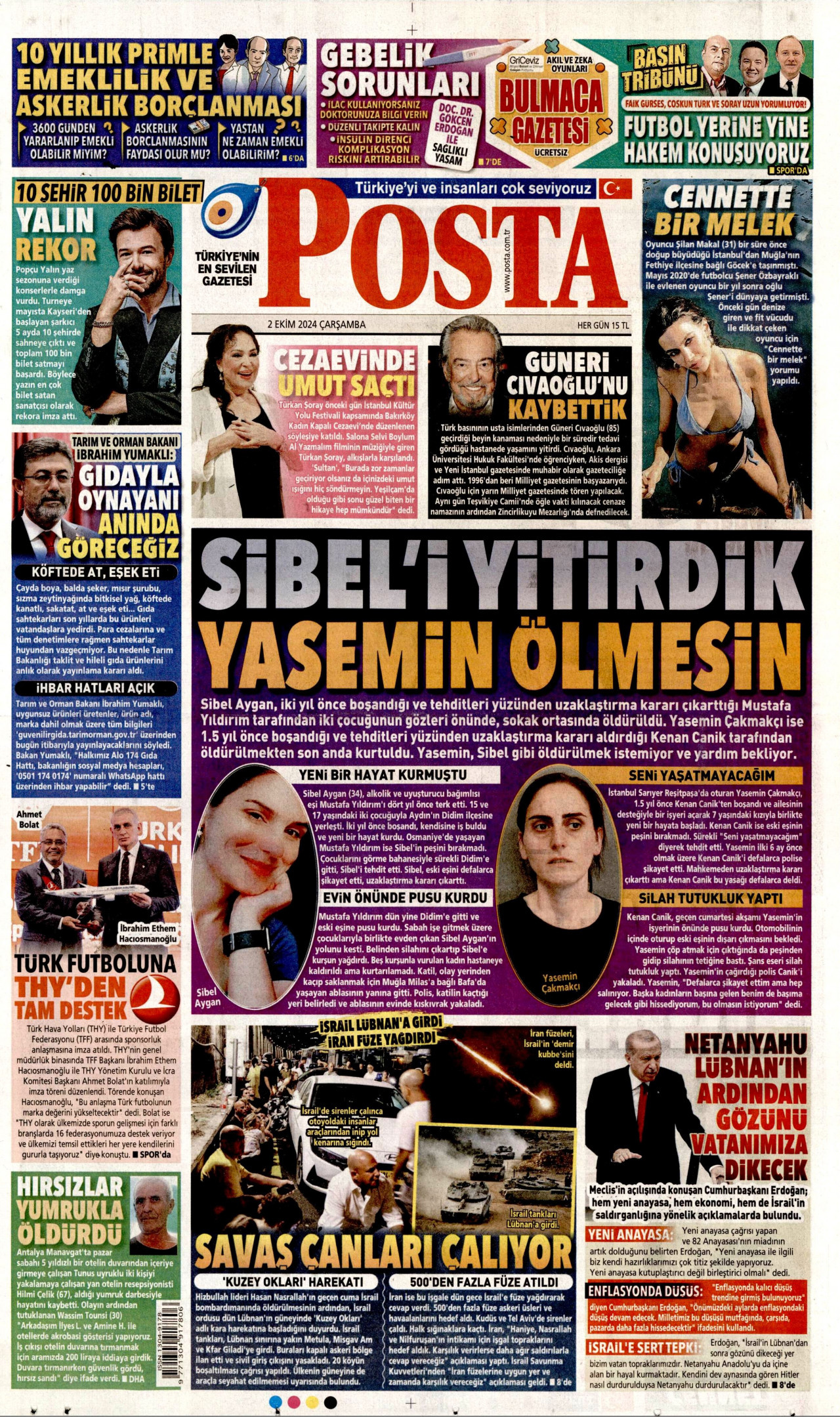 POSTA gazetesinin 2 Ekim 2024 tarihli birinci sayfası