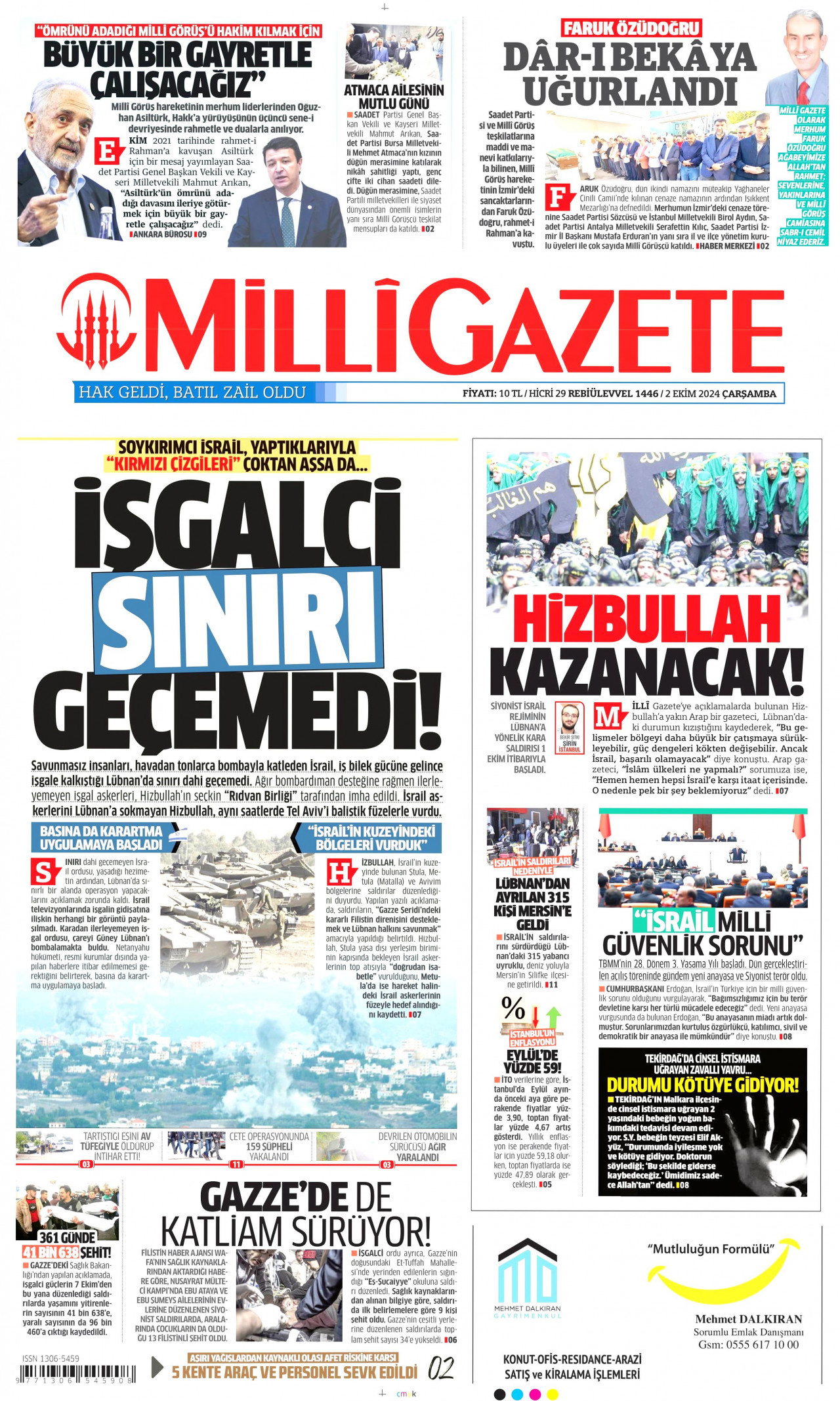 MİLLİ GAZETE gazetesinin 2 Ekim 2024 tarihli birinci sayfası