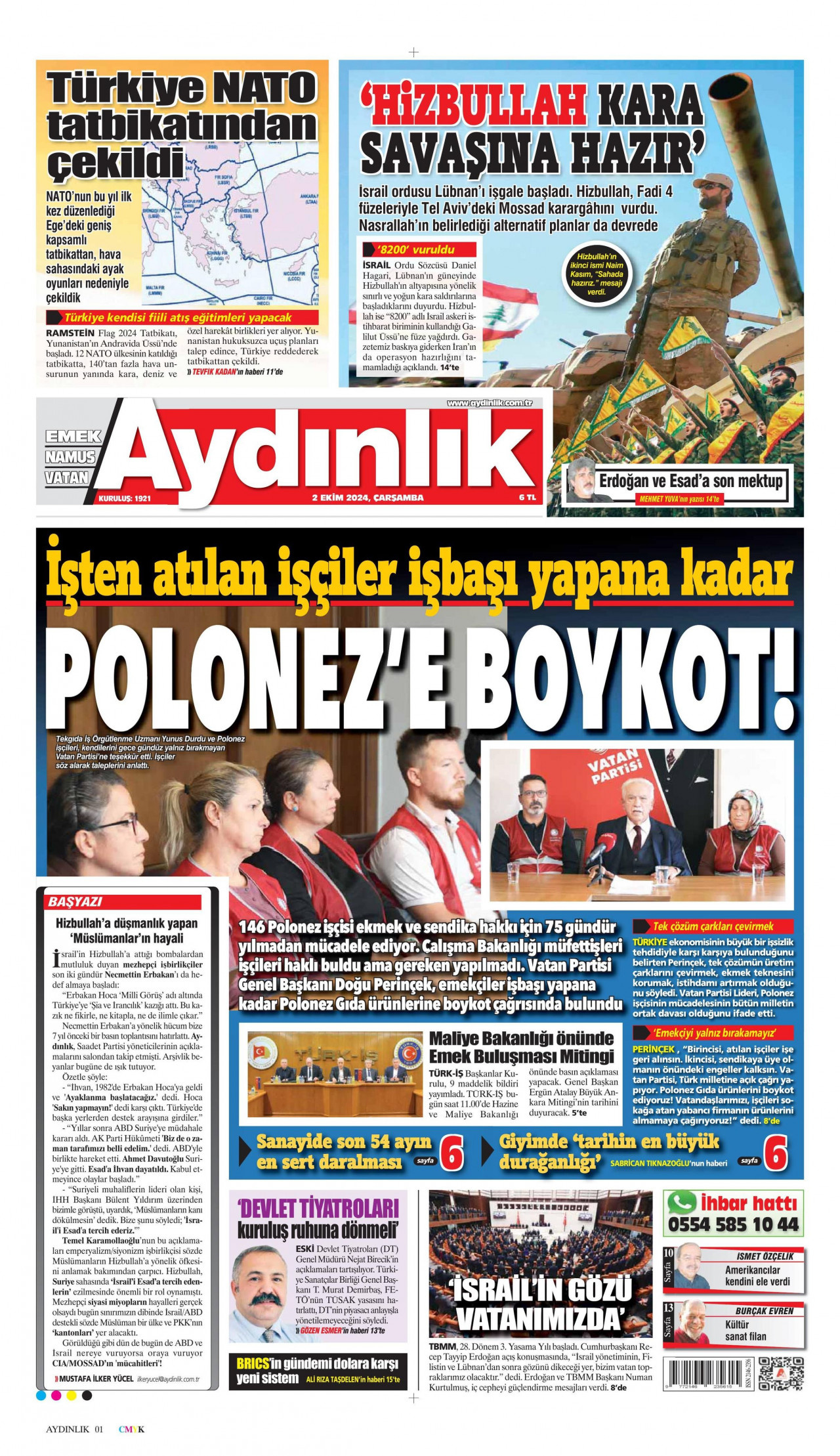 AYDINLIK GAZETESİ gazetesinin 2 Ekim 2024 tarihli birinci sayfası