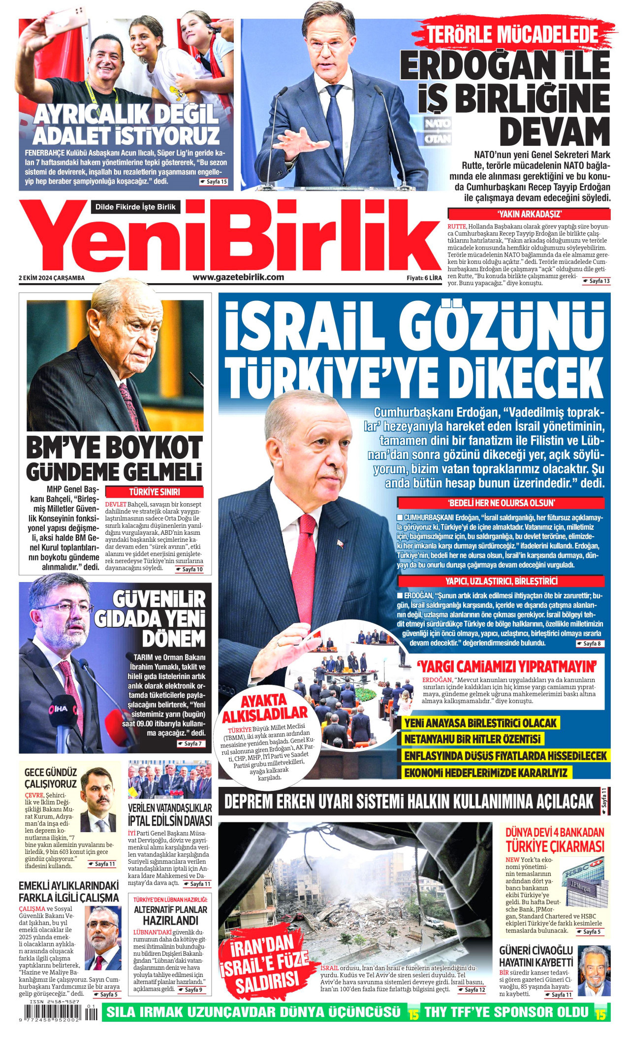 YENİBİRLİK gazetesinin 2 Ekim 2024 tarihli birinci sayfası