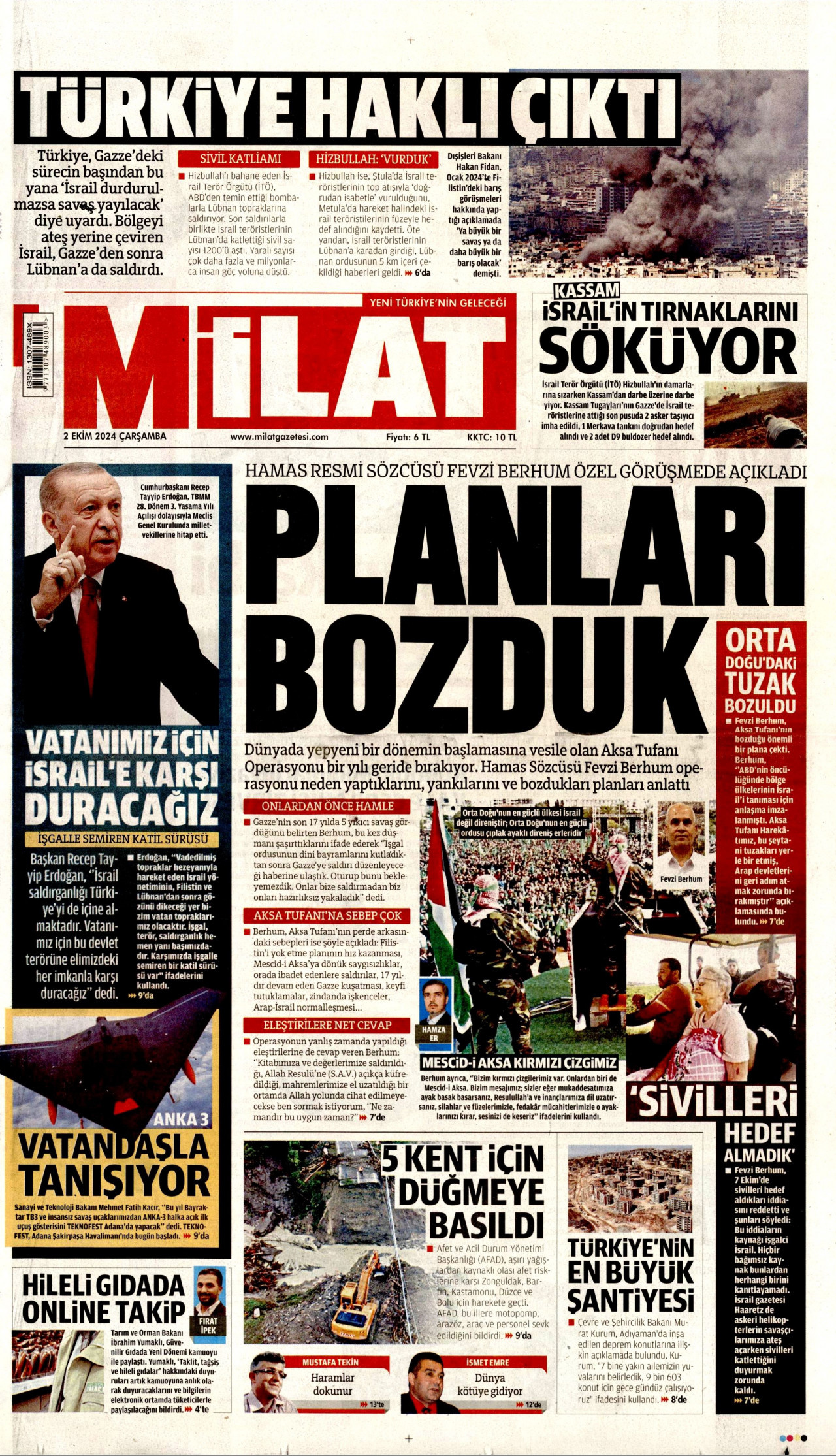 MİLAT gazetesinin 2 Ekim 2024 tarihli birinci sayfası