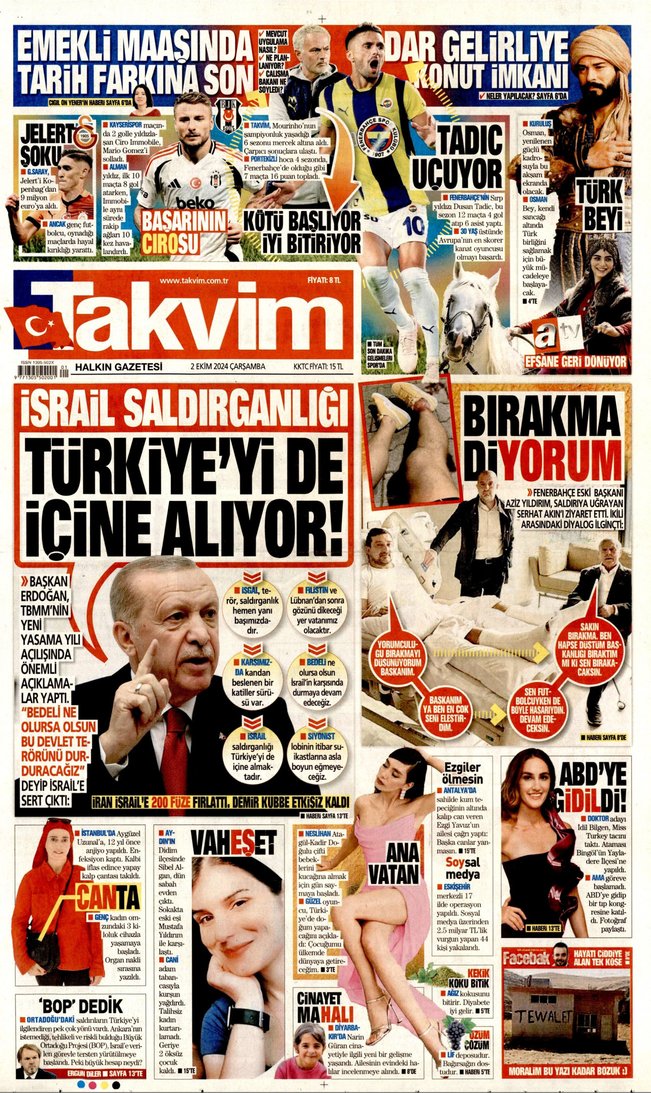 TAKVİM gazetesinin 2 Ekim 2024 tarihli birinci sayfası