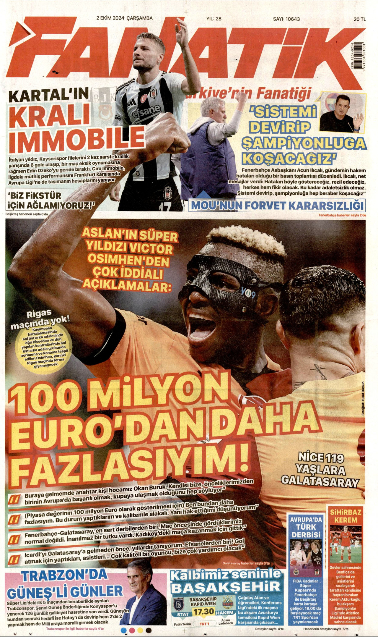 FANATİK gazetesinin 2 Ekim 2024 tarihli birinci sayfası