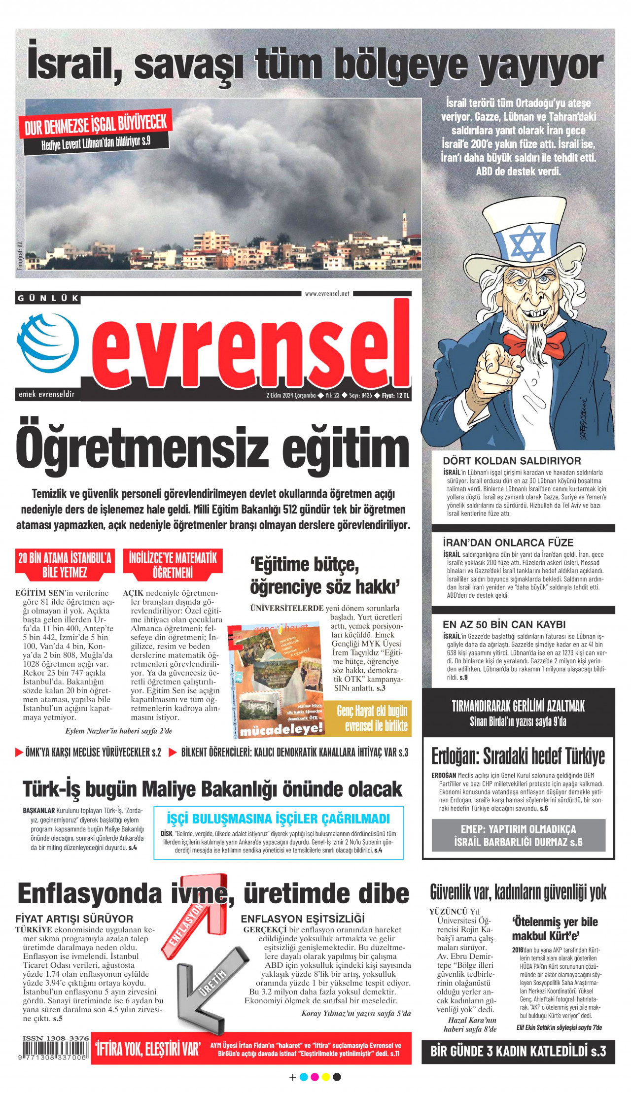 EVRENSEL gazetesinin 2 Ekim 2024 tarihli birinci sayfası
