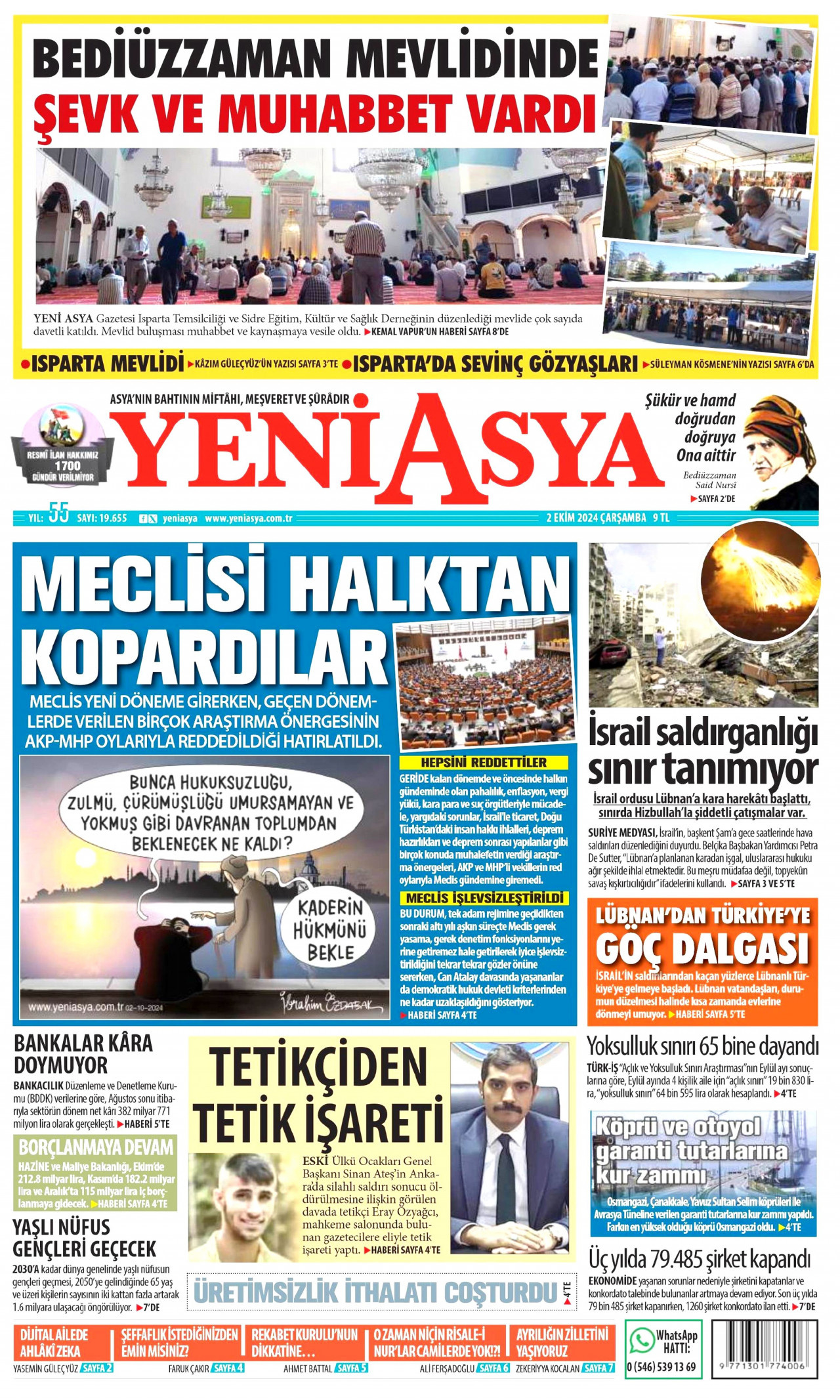 YENİ ASYA gazetesinin 2 Ekim 2024 tarihli birinci sayfası