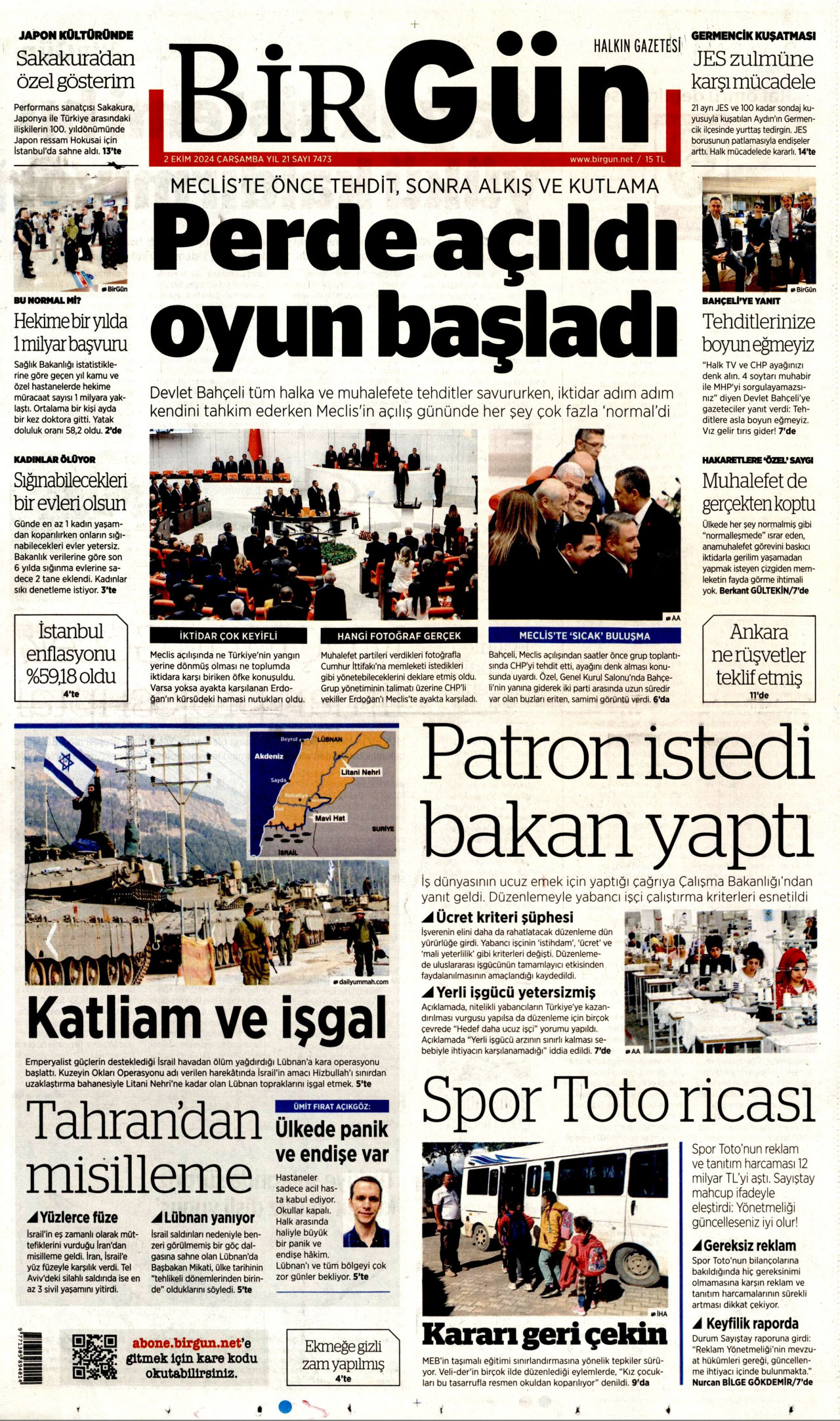 BİRGÜN gazetesinin 2 Ekim 2024 tarihli birinci sayfası