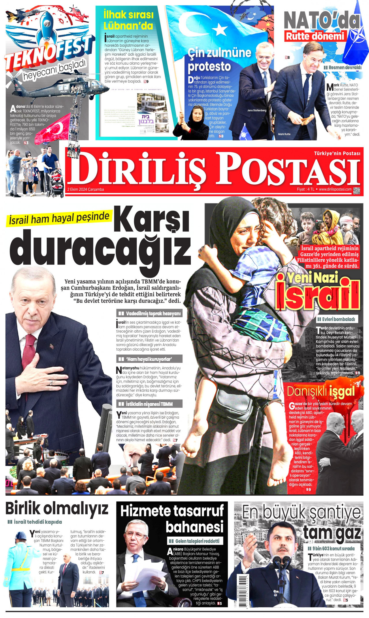 DİRİLİŞ POSTASI gazetesinin 2 Ekim 2024 tarihli birinci sayfası