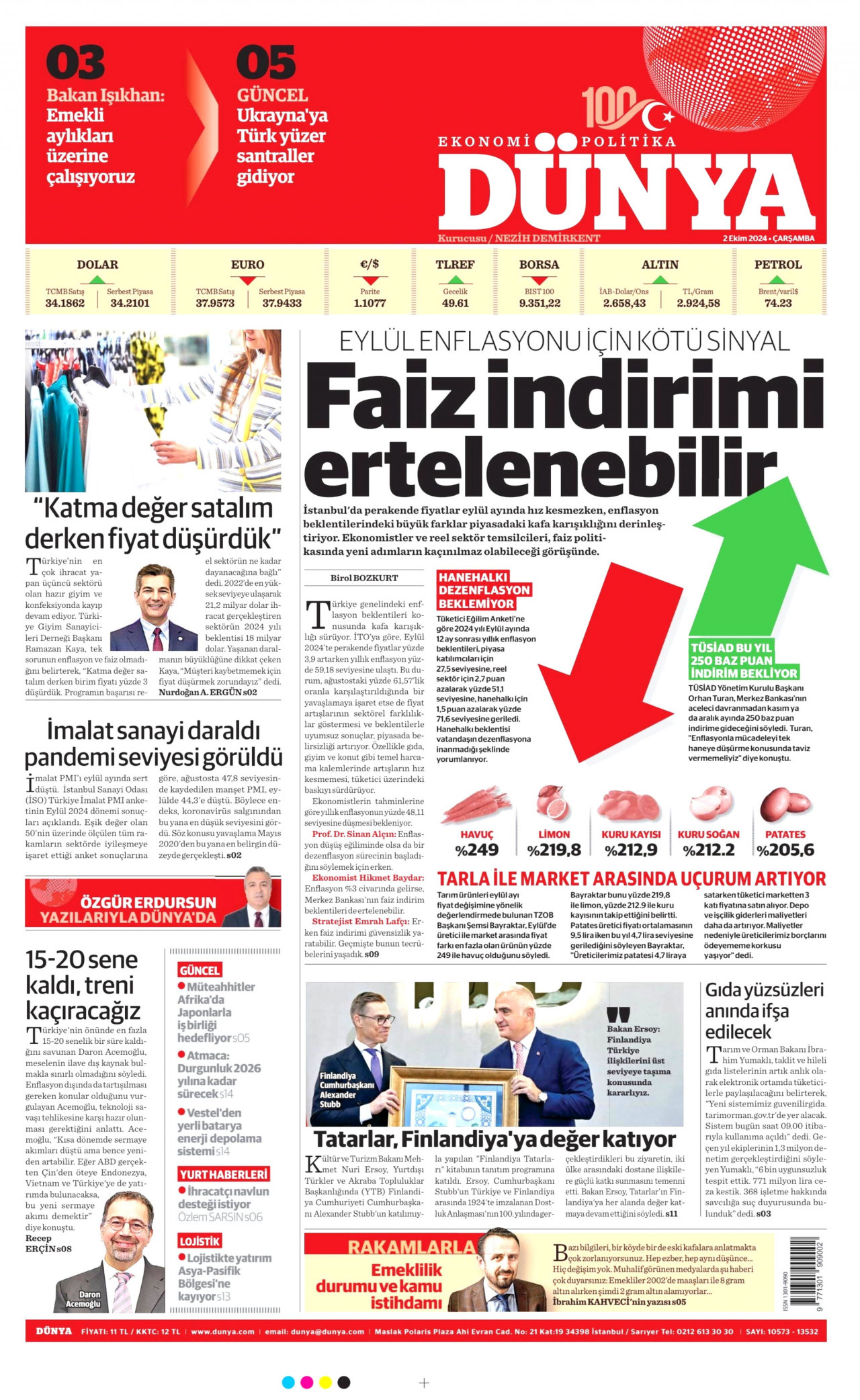 DÜNYA gazetesinin 2 Ekim 2024 tarihli birinci sayfası