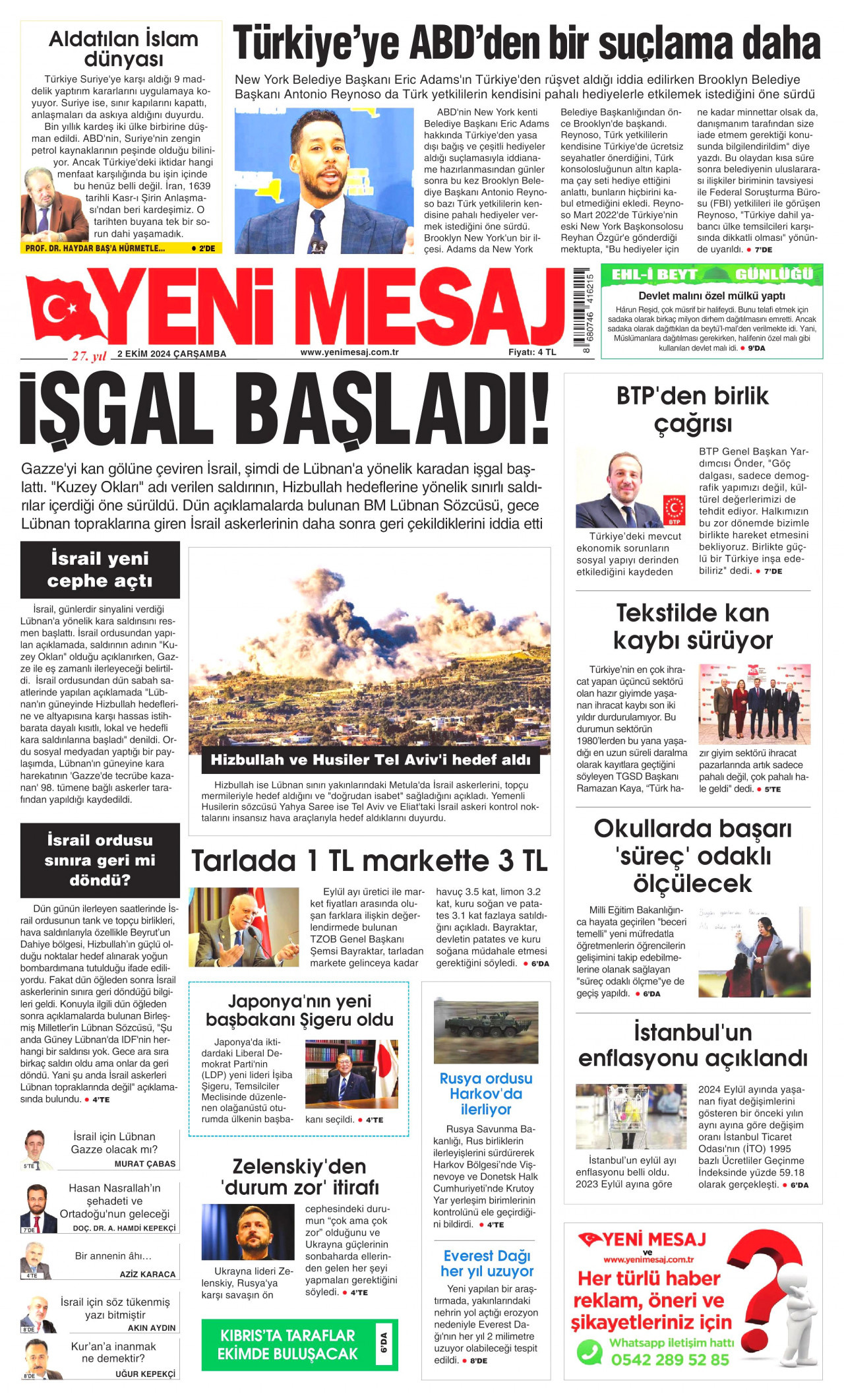 YENİ MESAJ gazetesinin 2 Ekim 2024 tarihli birinci sayfası