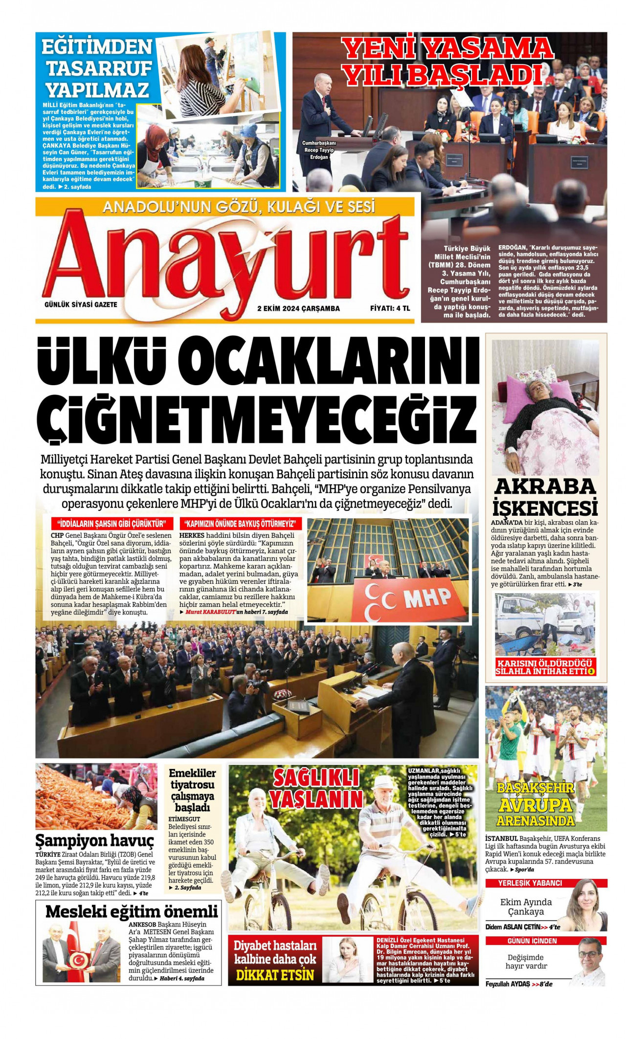 ANAYURT gazetesinin 2 Ekim 2024 tarihli birinci sayfası