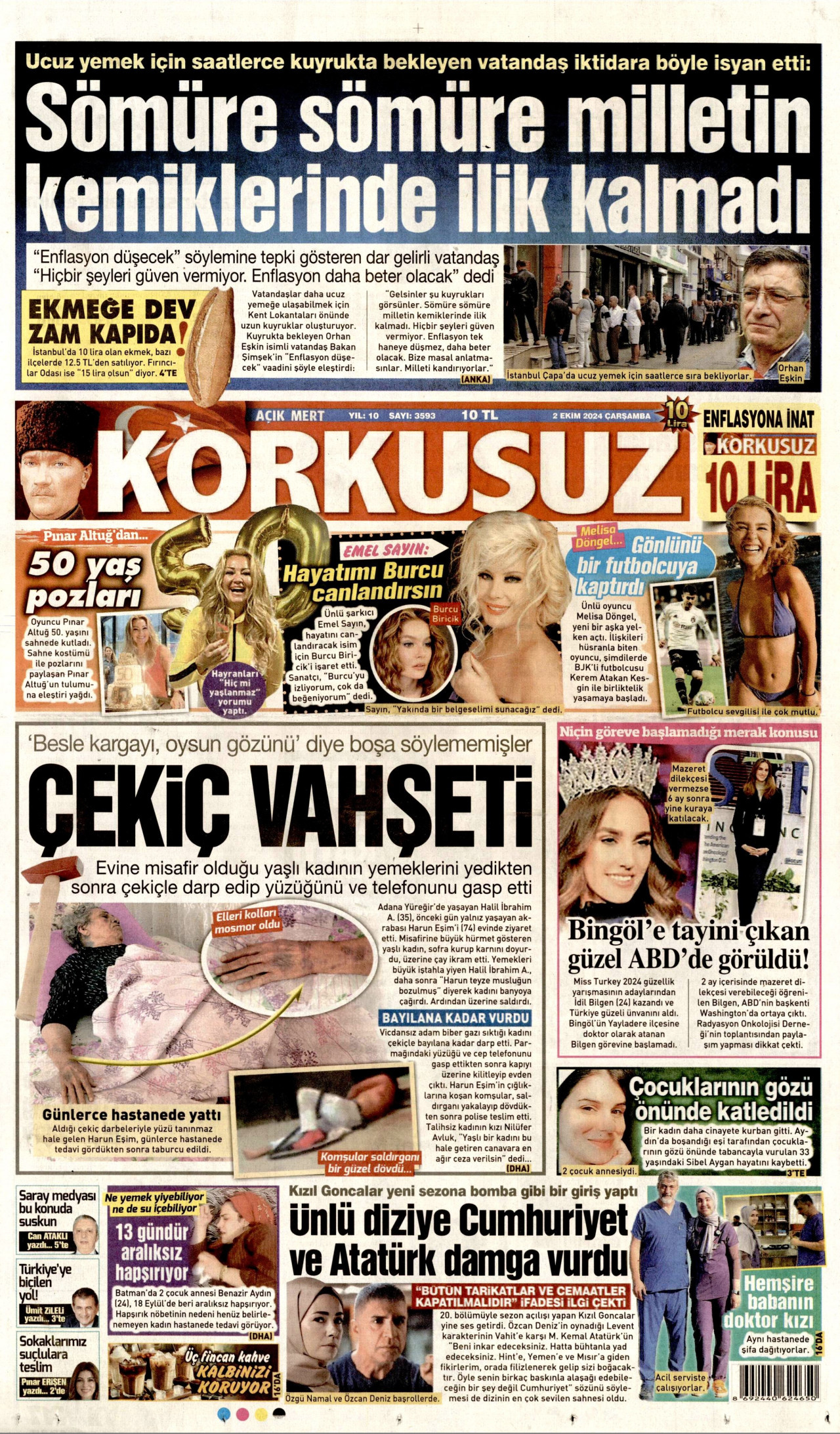 KORKUSUZ gazetesinin 2 Ekim 2024 tarihli birinci sayfası