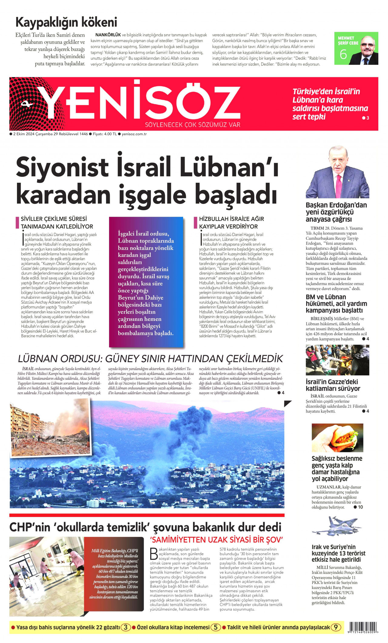 YENİ SÖZ GAZETESİ gazetesinin 2 Ekim 2024 tarihli birinci sayfası