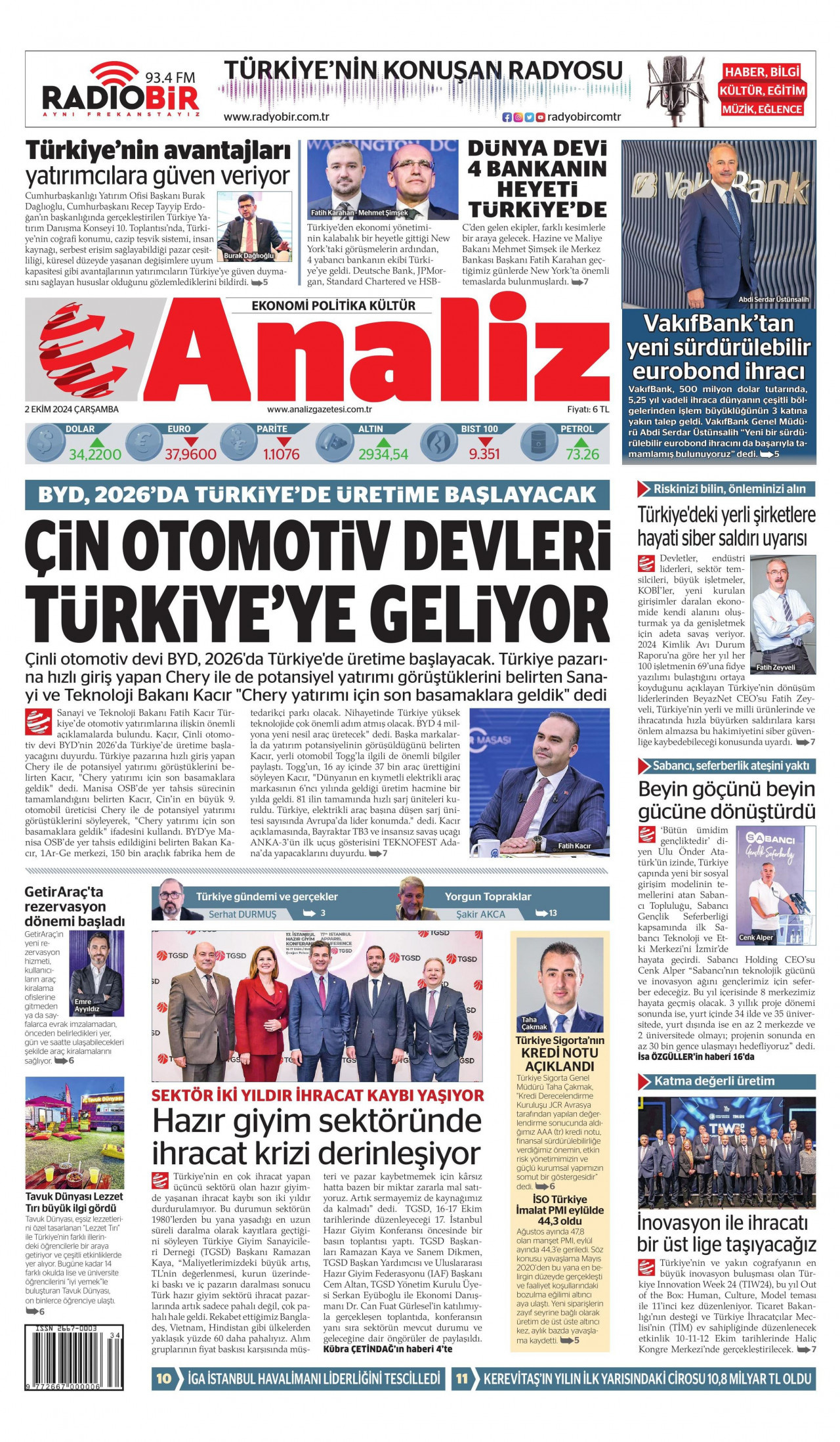 ANALİZ gazetesinin 2 Ekim 2024 tarihli birinci sayfası