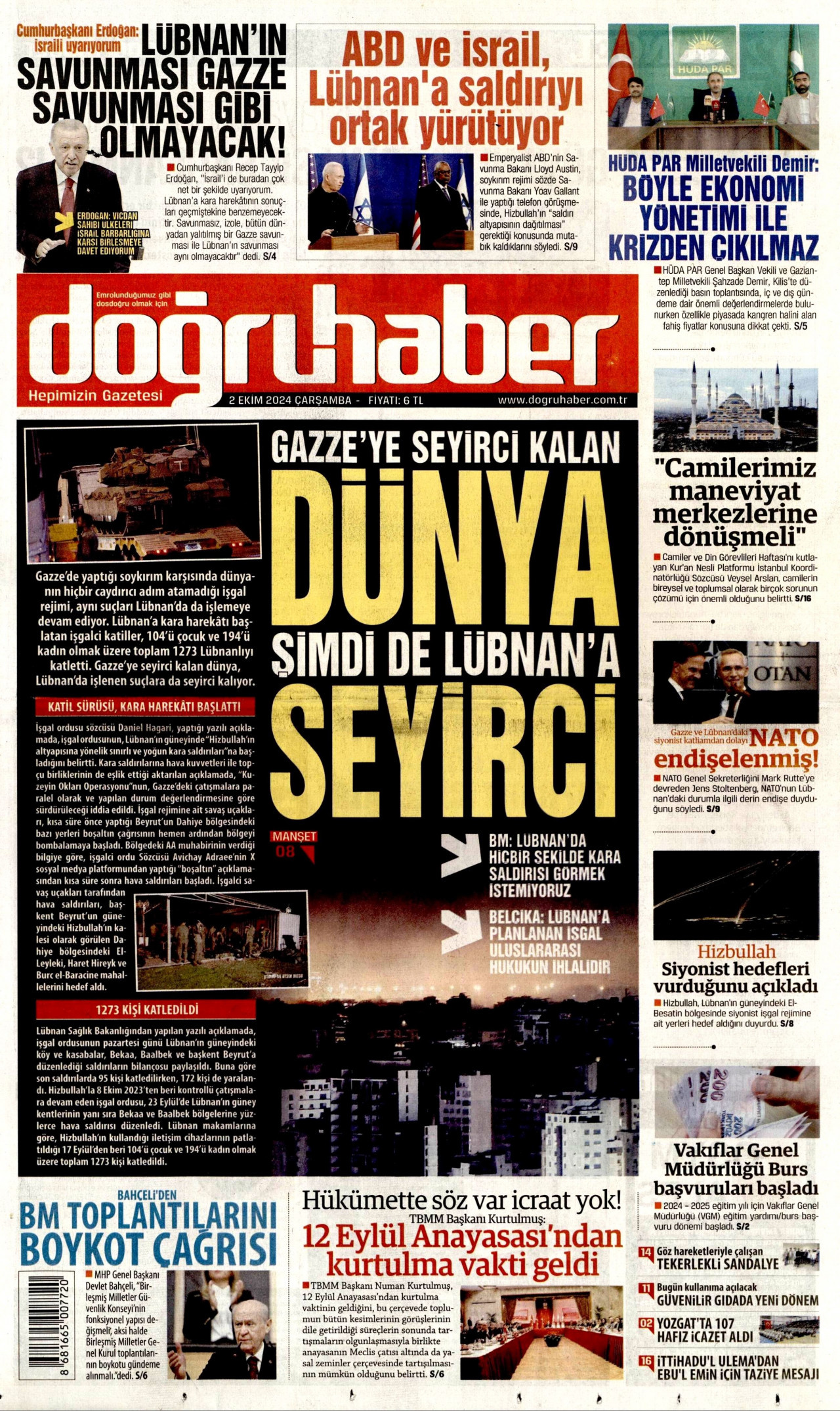 DOĞRU HABER gazetesinin 2 Ekim 2024 tarihli birinci sayfası