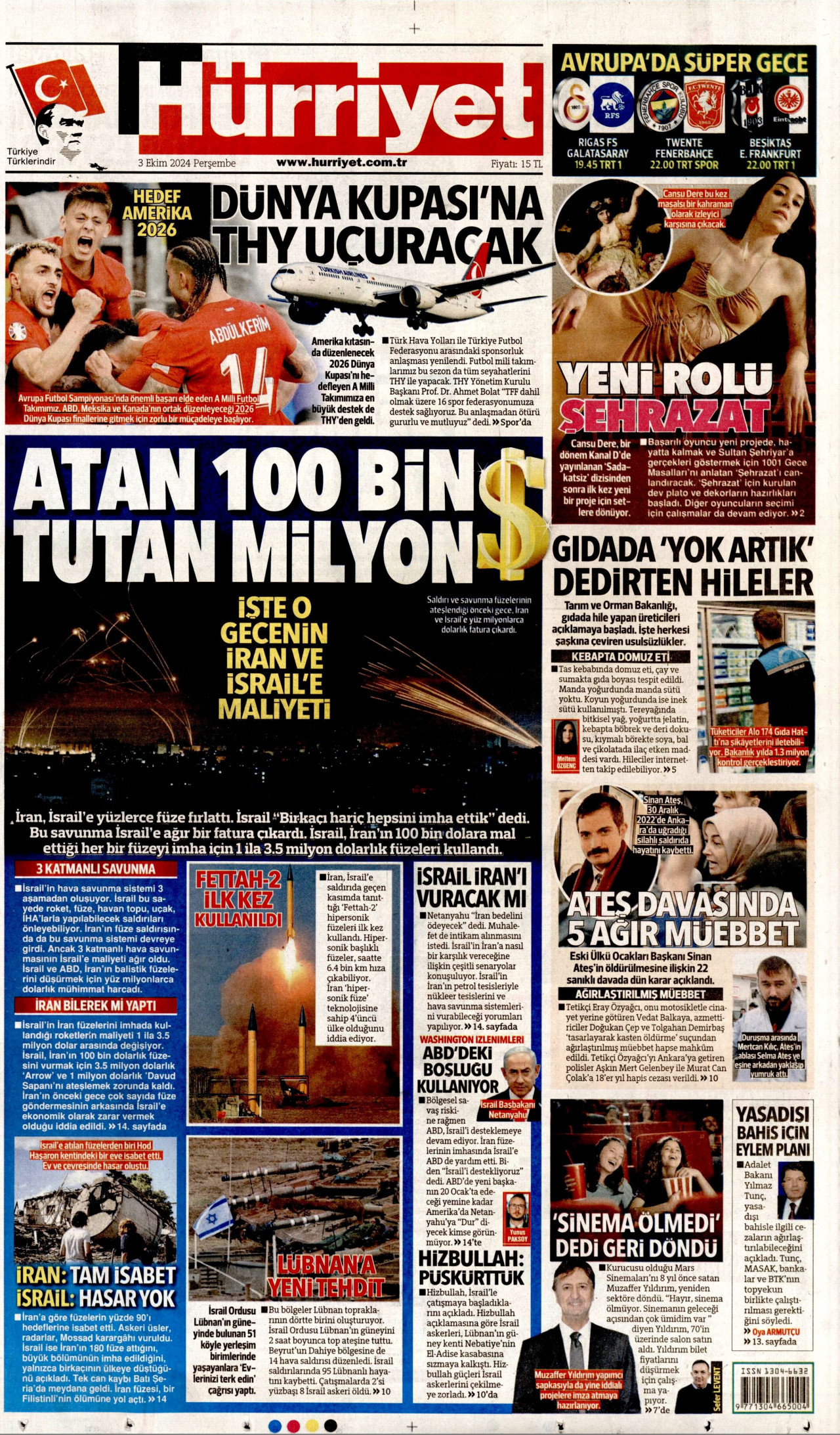 HÜRRİYET gazetesinin 3 Ekim 2024 tarihli birinci sayfası