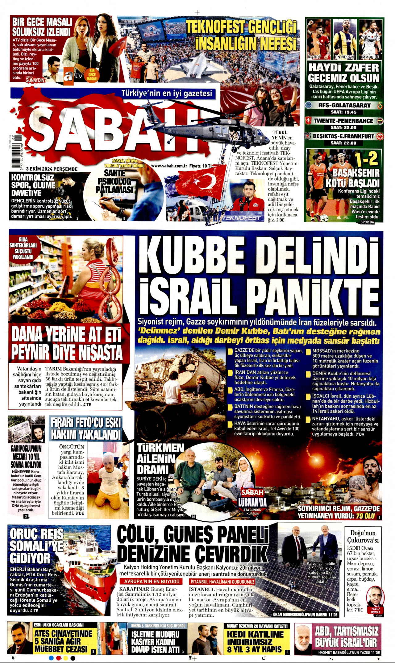 SABAH gazetesinin 3 Ekim 2024 tarihli birinci sayfası