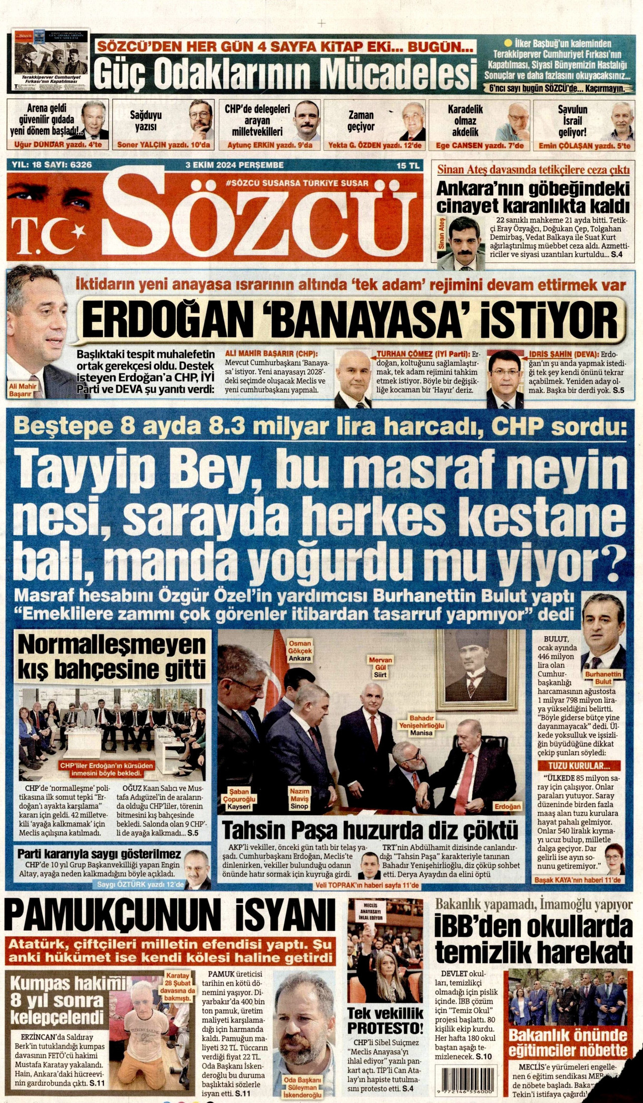 SÖZCÜ gazetesinin 3 Ekim 2024 tarihli birinci sayfası