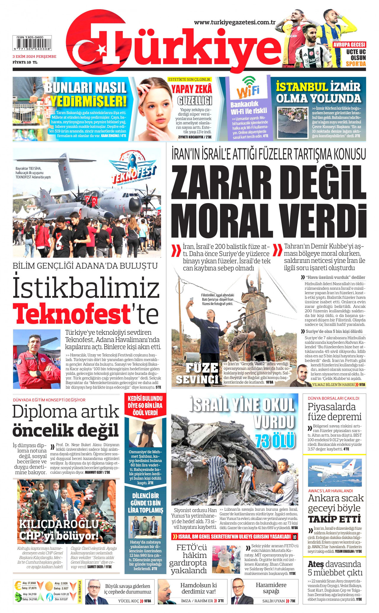 TÜRKİYE GAZETESİ gazetesinin 3 Ekim 2024 tarihli birinci sayfası