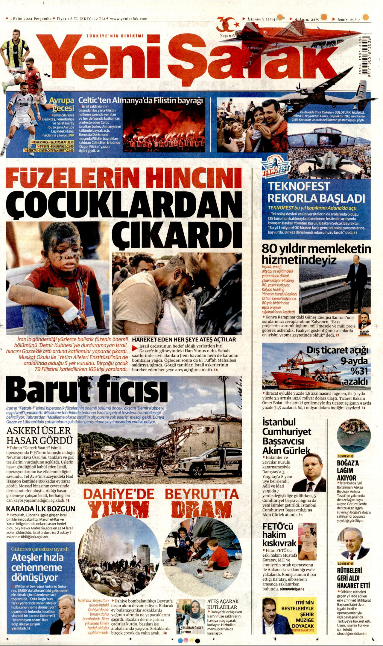 YENİ ŞAFAK gazetesinin 3 Ekim 2024 tarihli birinci sayfası