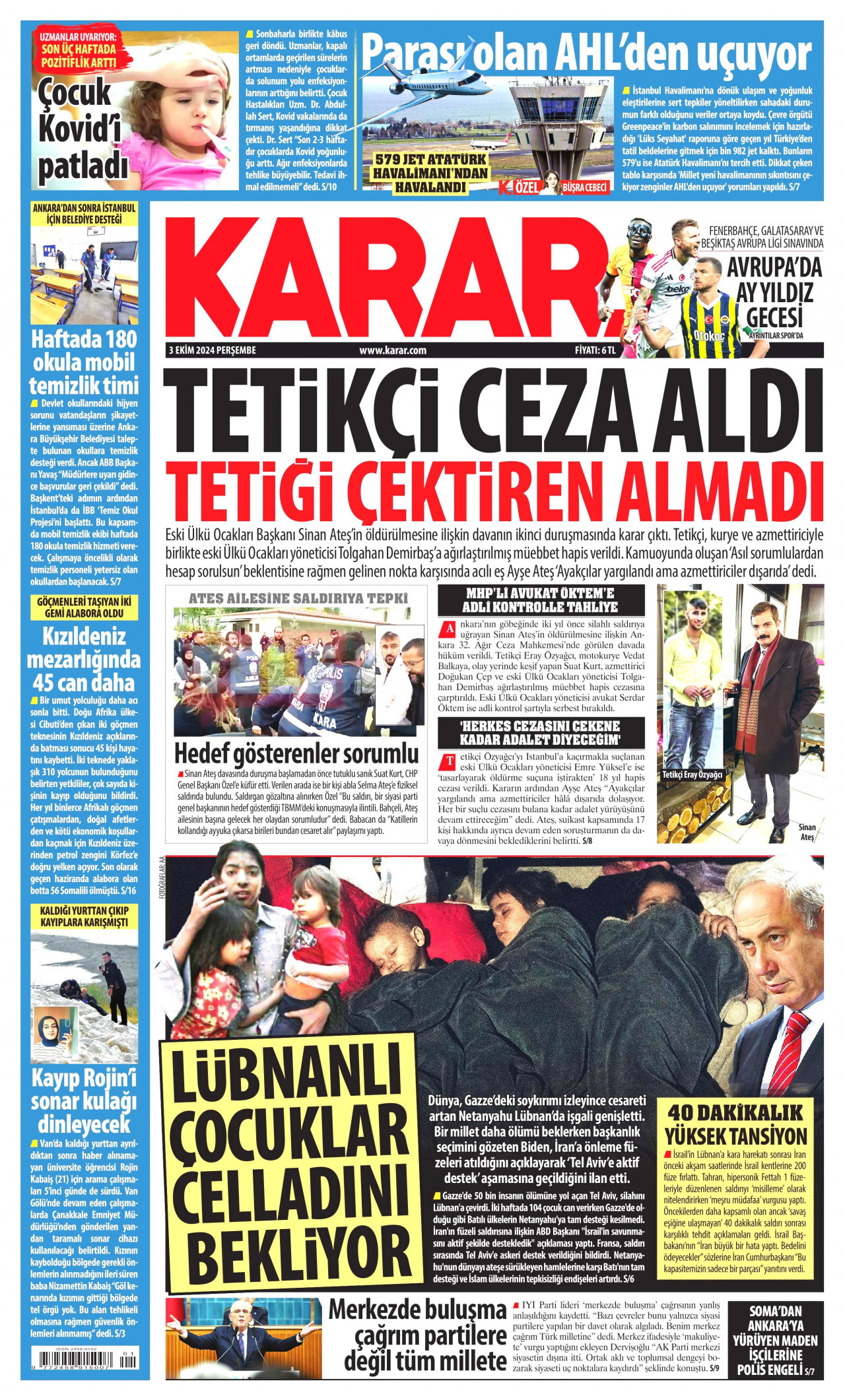 KARAR gazetesinin 3 Ekim 2024 tarihli birinci sayfası