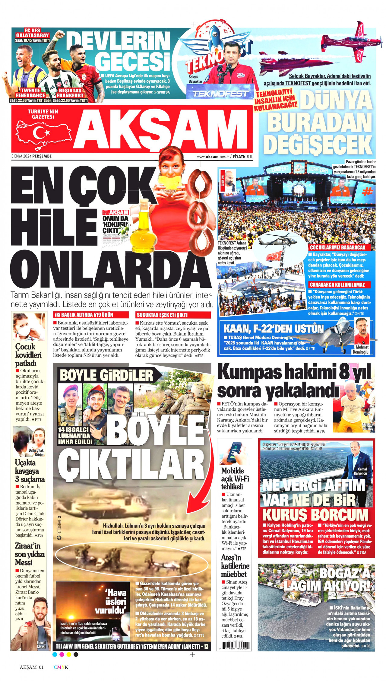 AKŞAM gazetesinin 3 Ekim 2024 tarihli birinci sayfası