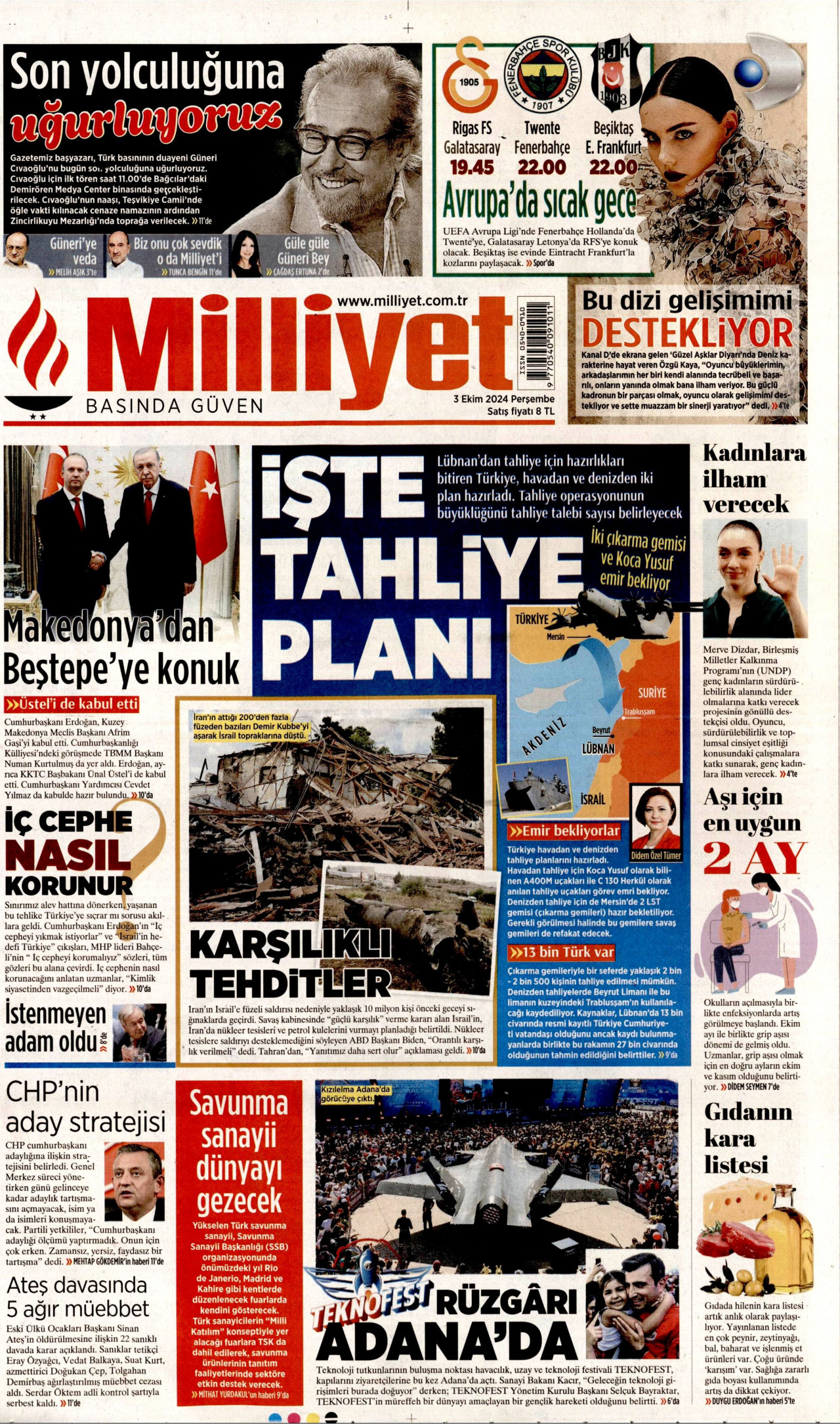 MİLLİYET gazetesinin 3 Ekim 2024 tarihli birinci sayfası