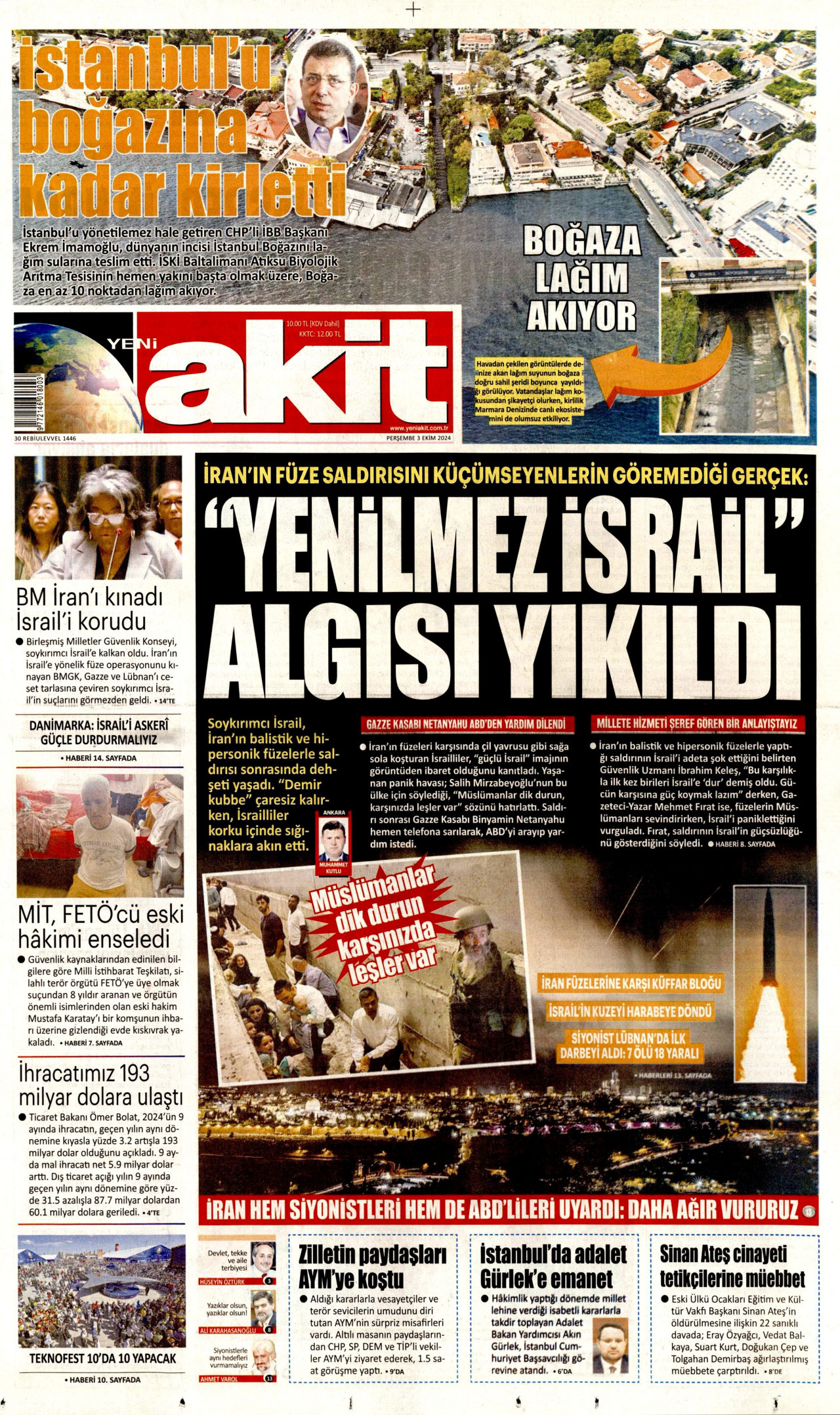 YENİ AKİT gazetesinin 3 Ekim 2024 tarihli birinci sayfası