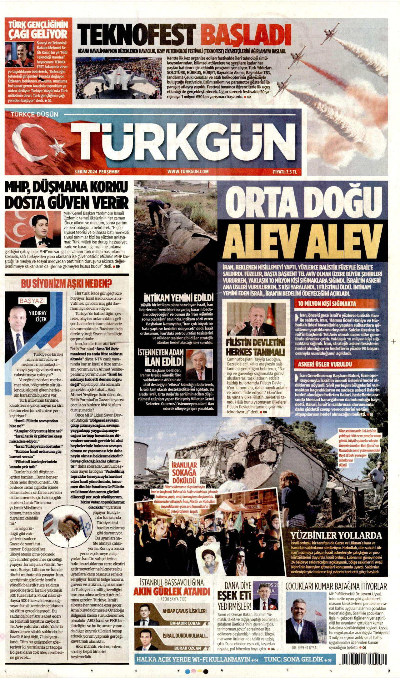 TÜRKGÜN gazetesinin 3 Ekim 2024 tarihli birinci sayfası