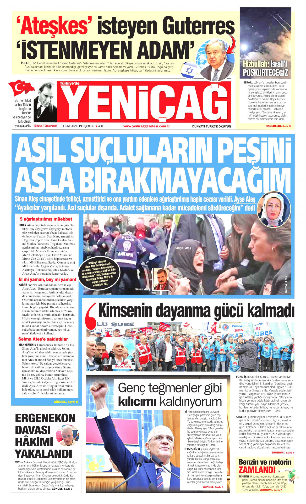 YENİÇAĞ gazetesinin 3 Ekim 2024 tarihli birinci sayfası