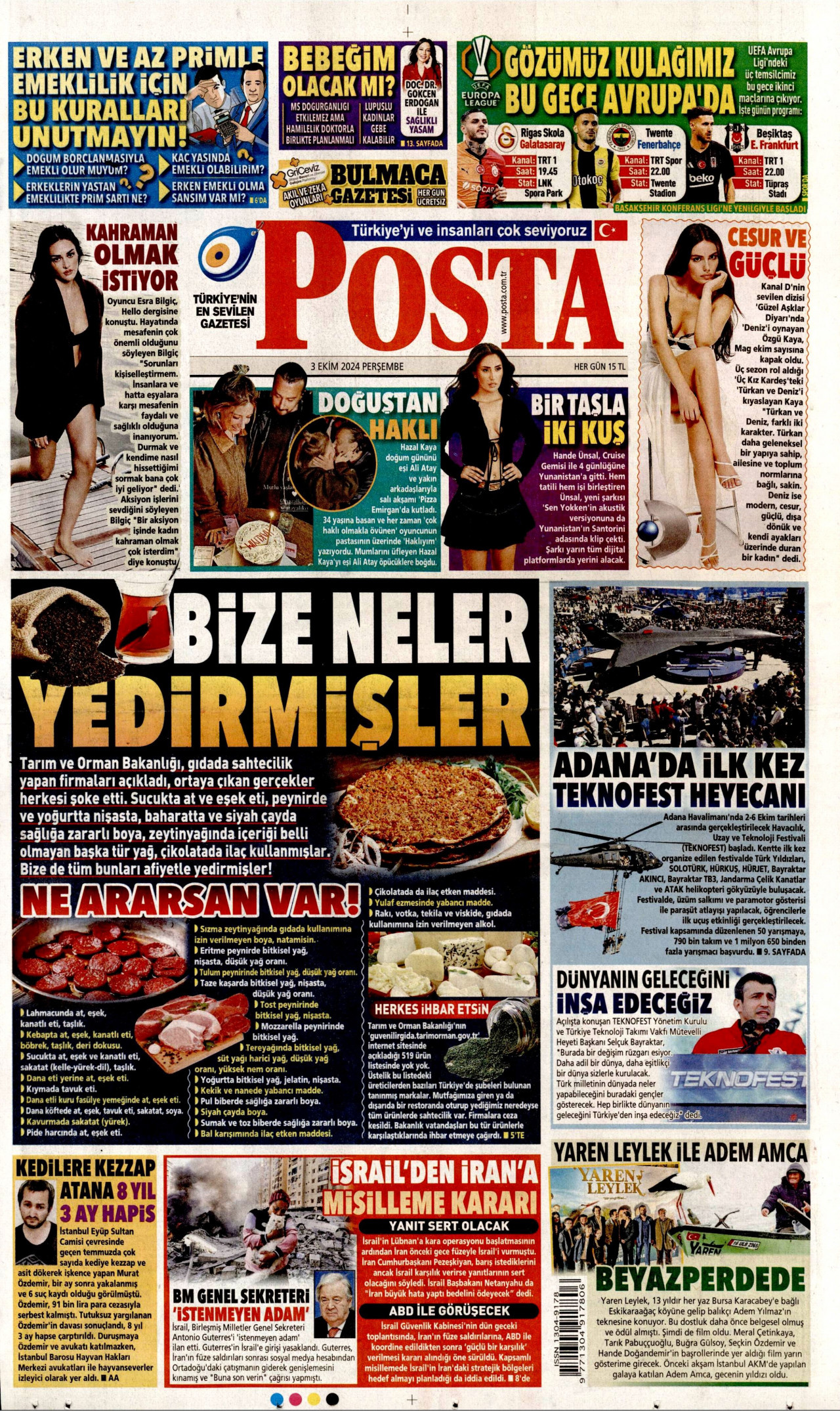 POSTA gazetesinin 3 Ekim 2024 tarihli birinci sayfası