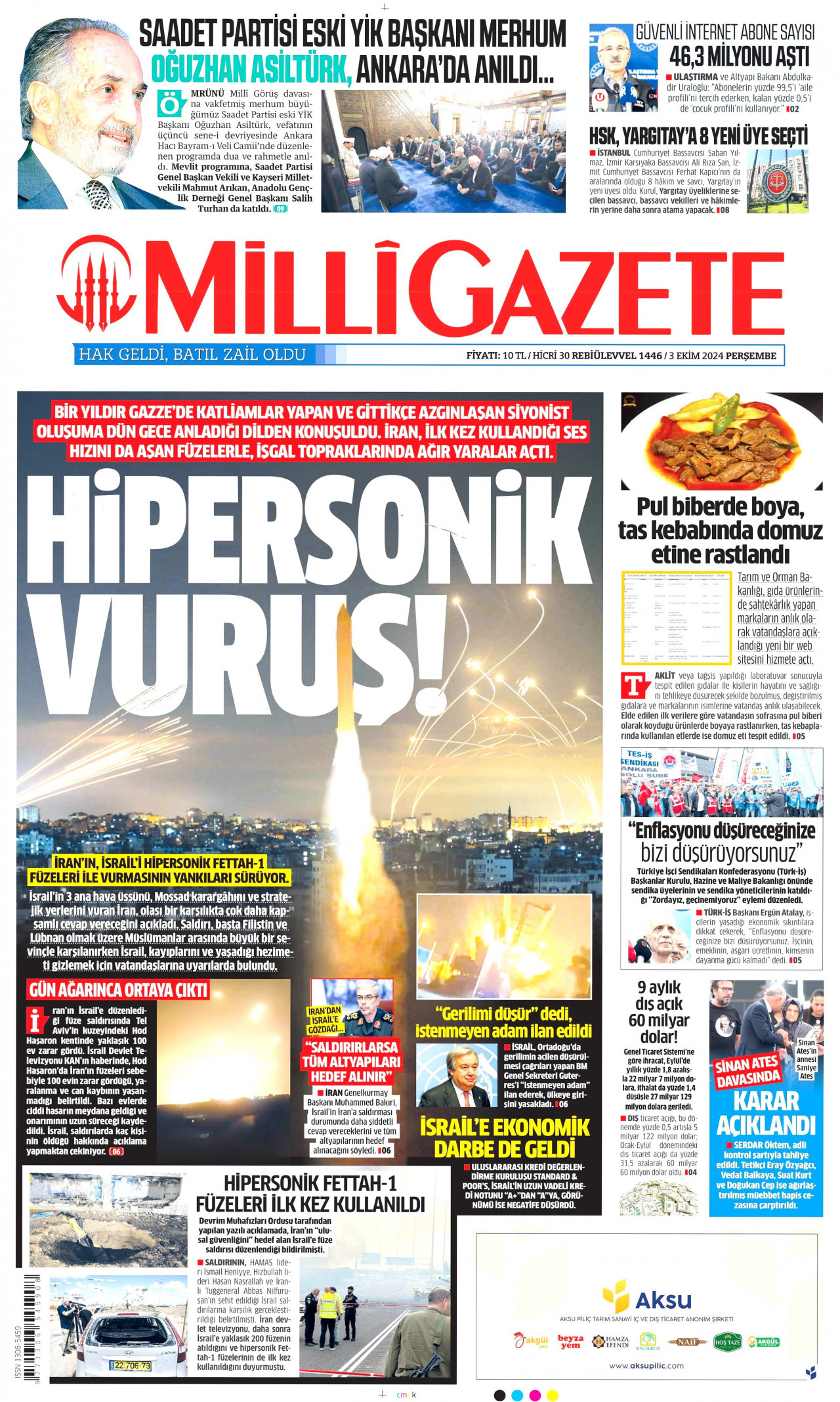 MİLLİ GAZETE gazetesinin 3 Ekim 2024 tarihli birinci sayfası