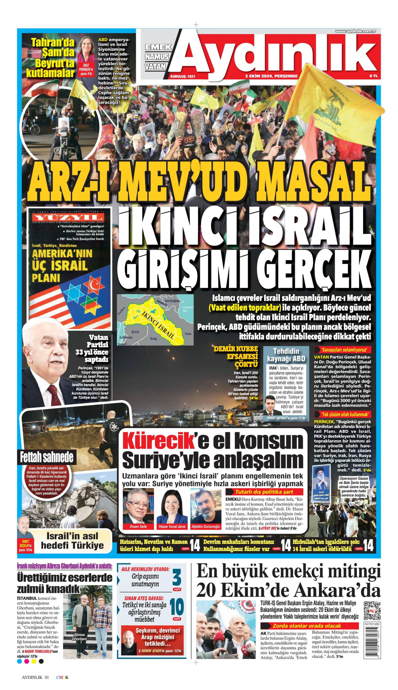 AYDINLIK GAZETESİ gazetesinin 3 Ekim 2024 tarihli birinci sayfası