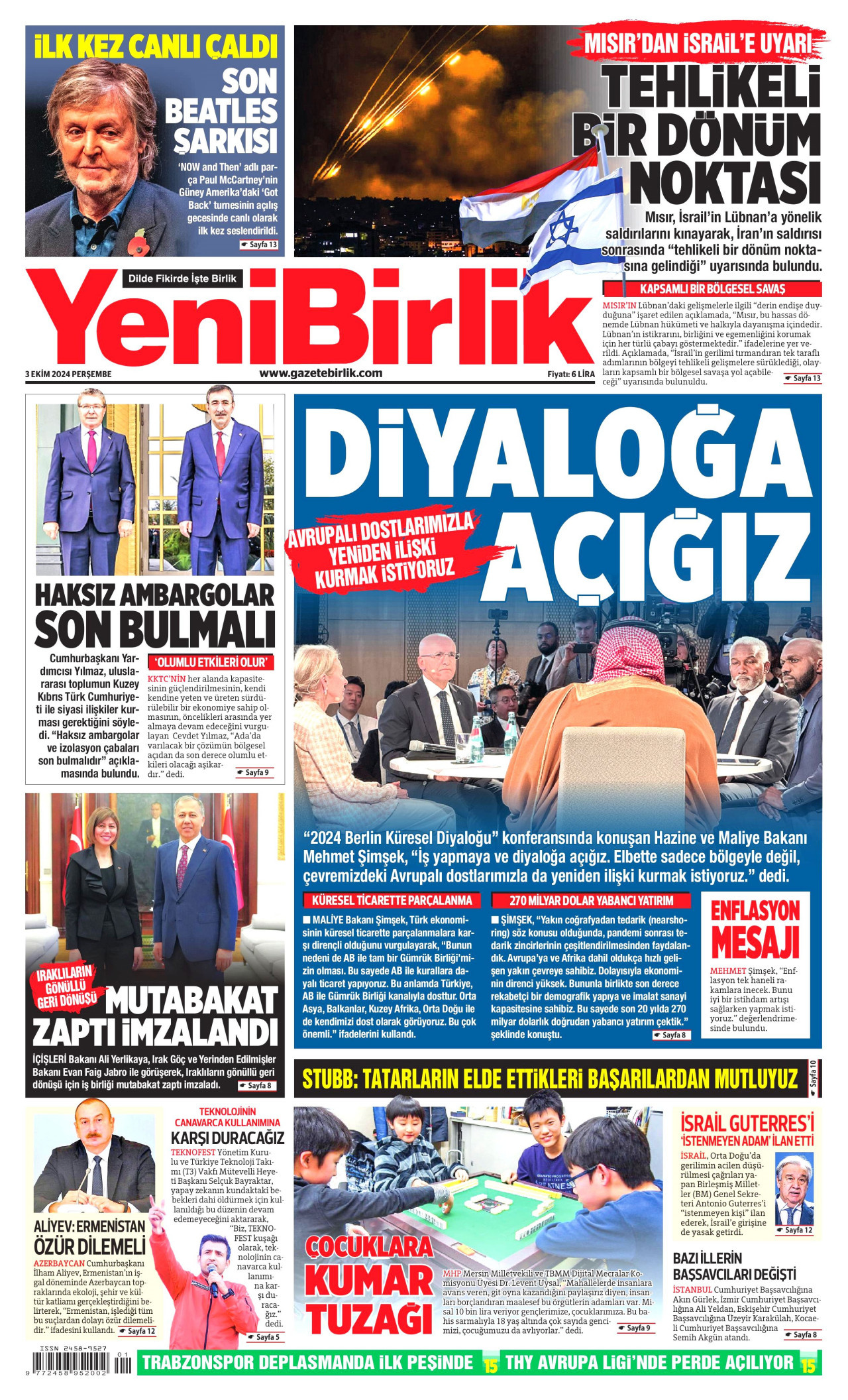 YENİBİRLİK gazetesinin 3 Ekim 2024 tarihli birinci sayfası