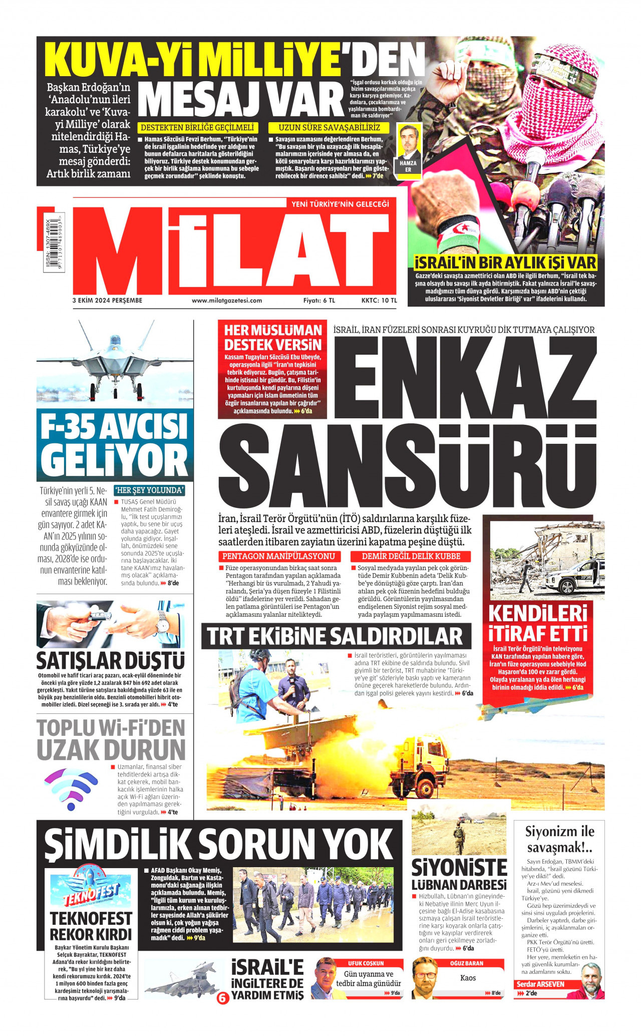 MİLAT gazetesinin 3 Ekim 2024 tarihli birinci sayfası