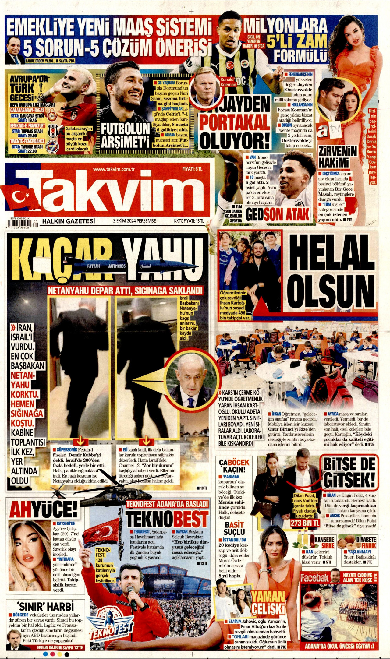 TAKVİM gazetesinin 3 Ekim 2024 tarihli birinci sayfası