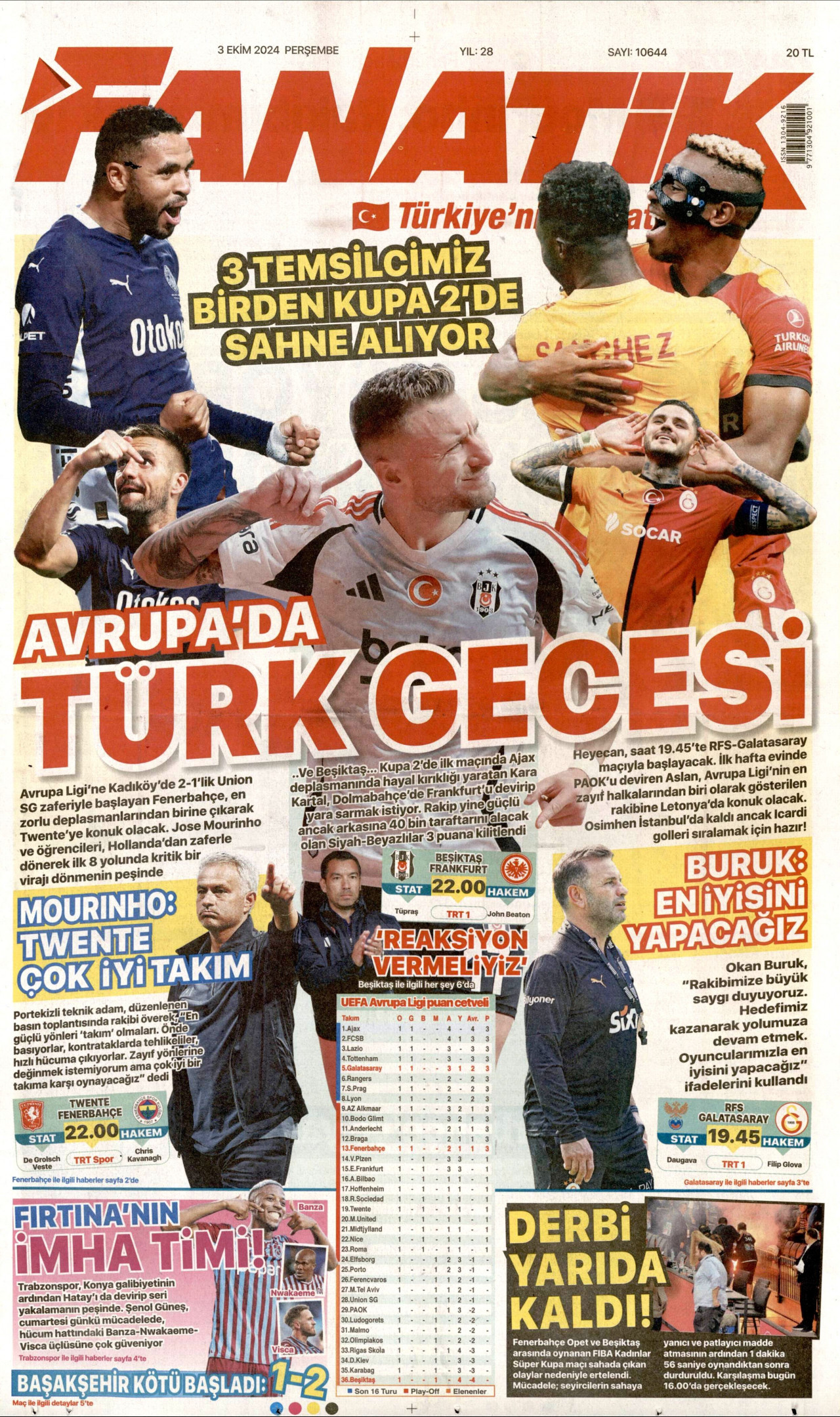 FANATİK gazetesinin 3 Ekim 2024 tarihli birinci sayfası