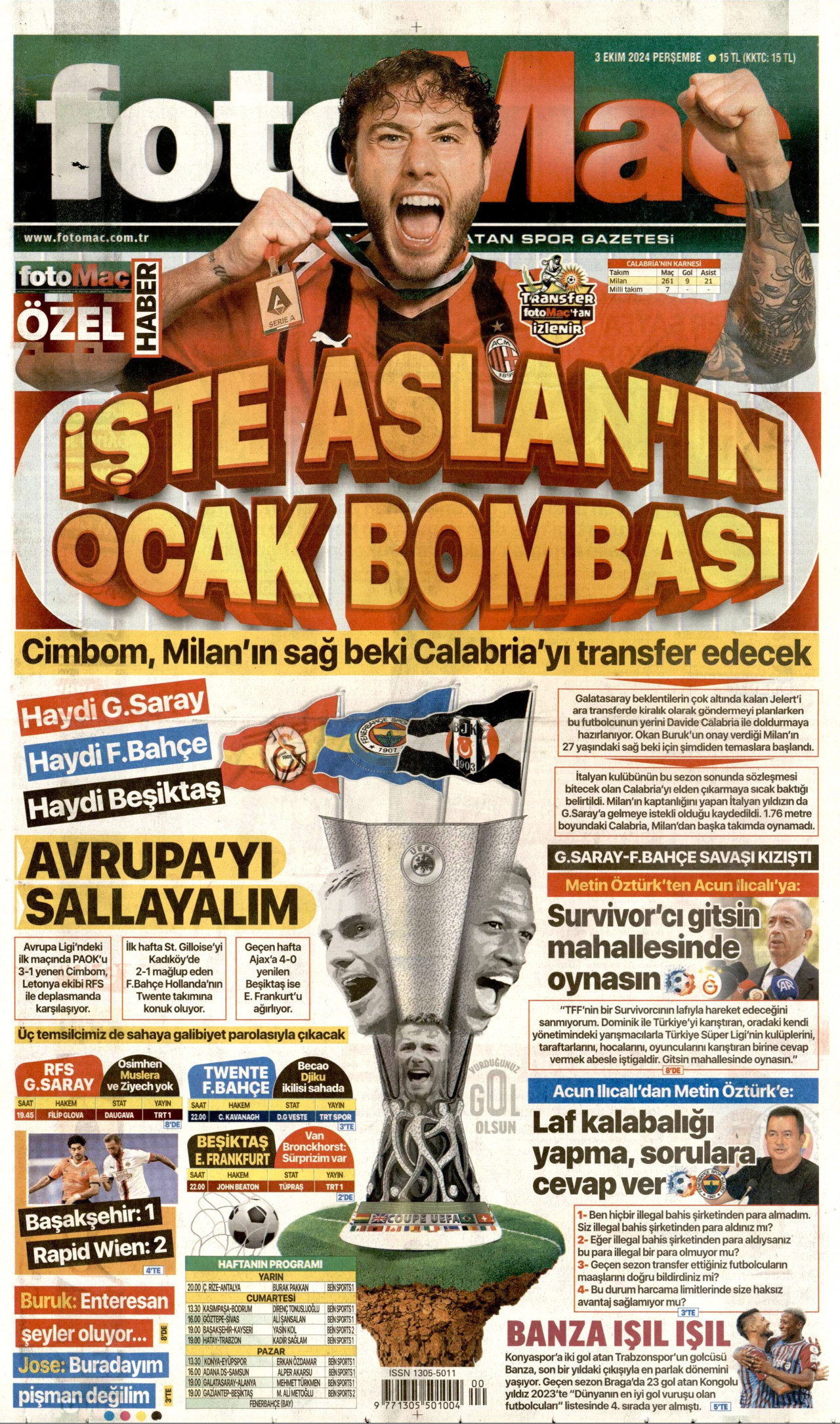 FOTOMAÇ gazetesinin 3 Ekim 2024 tarihli birinci sayfası
