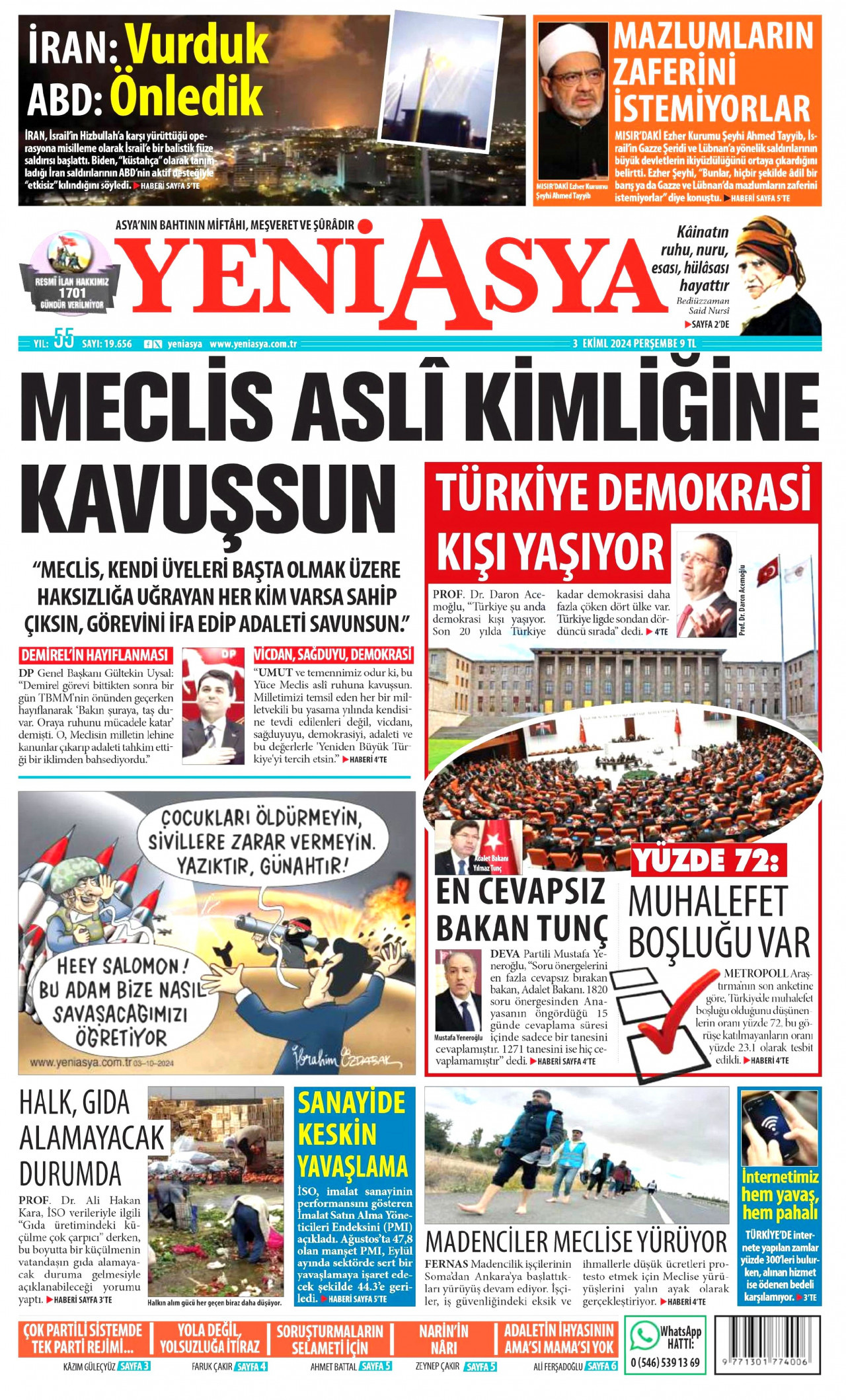 YENİ ASYA gazetesinin 3 Ekim 2024 tarihli birinci sayfası