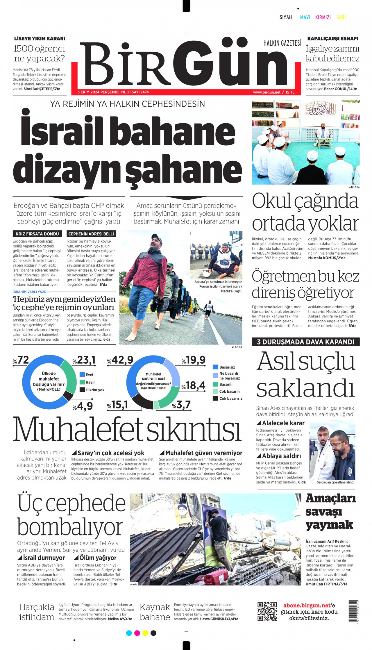 BİRGÜN gazetesinin 3 Ekim 2024 tarihli birinci sayfası