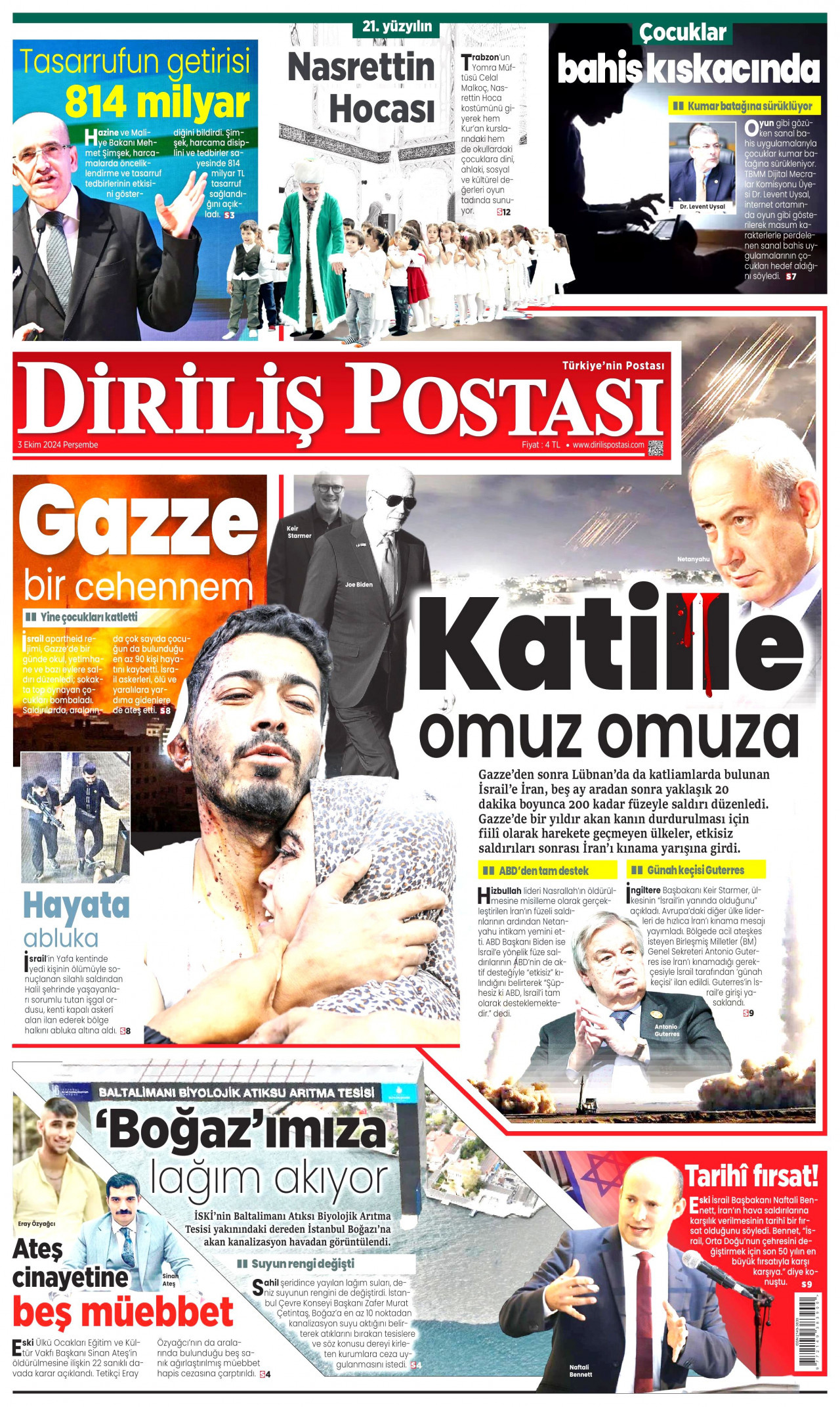 DİRİLİŞ POSTASI gazetesinin 3 Ekim 2024 tarihli birinci sayfası