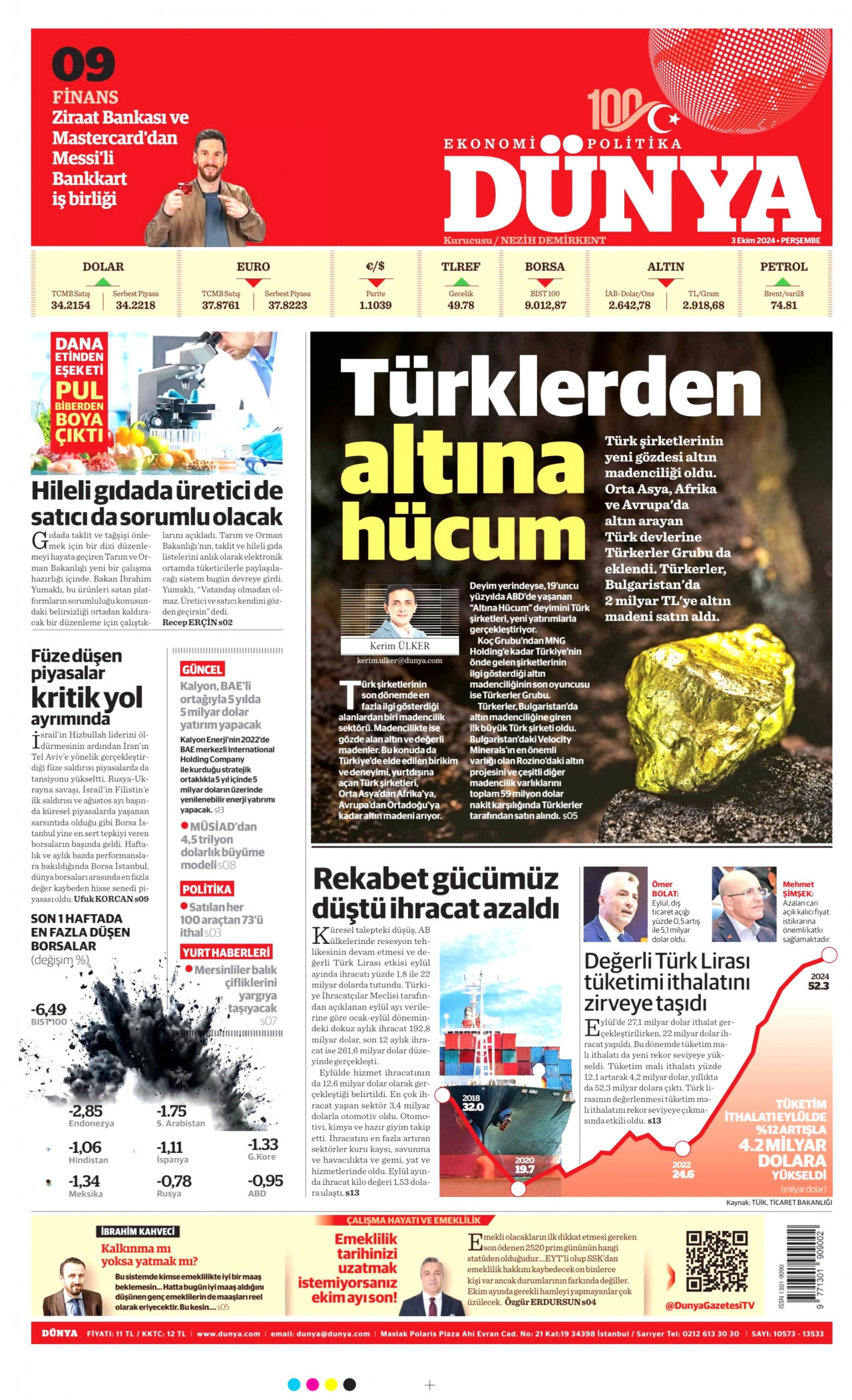 DÜNYA gazetesinin 3 Ekim 2024 tarihli birinci sayfası