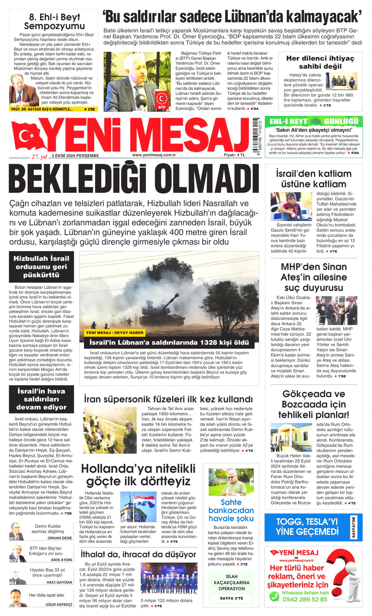 YENİ MESAJ gazetesinin 3 Ekim 2024 tarihli birinci sayfası
