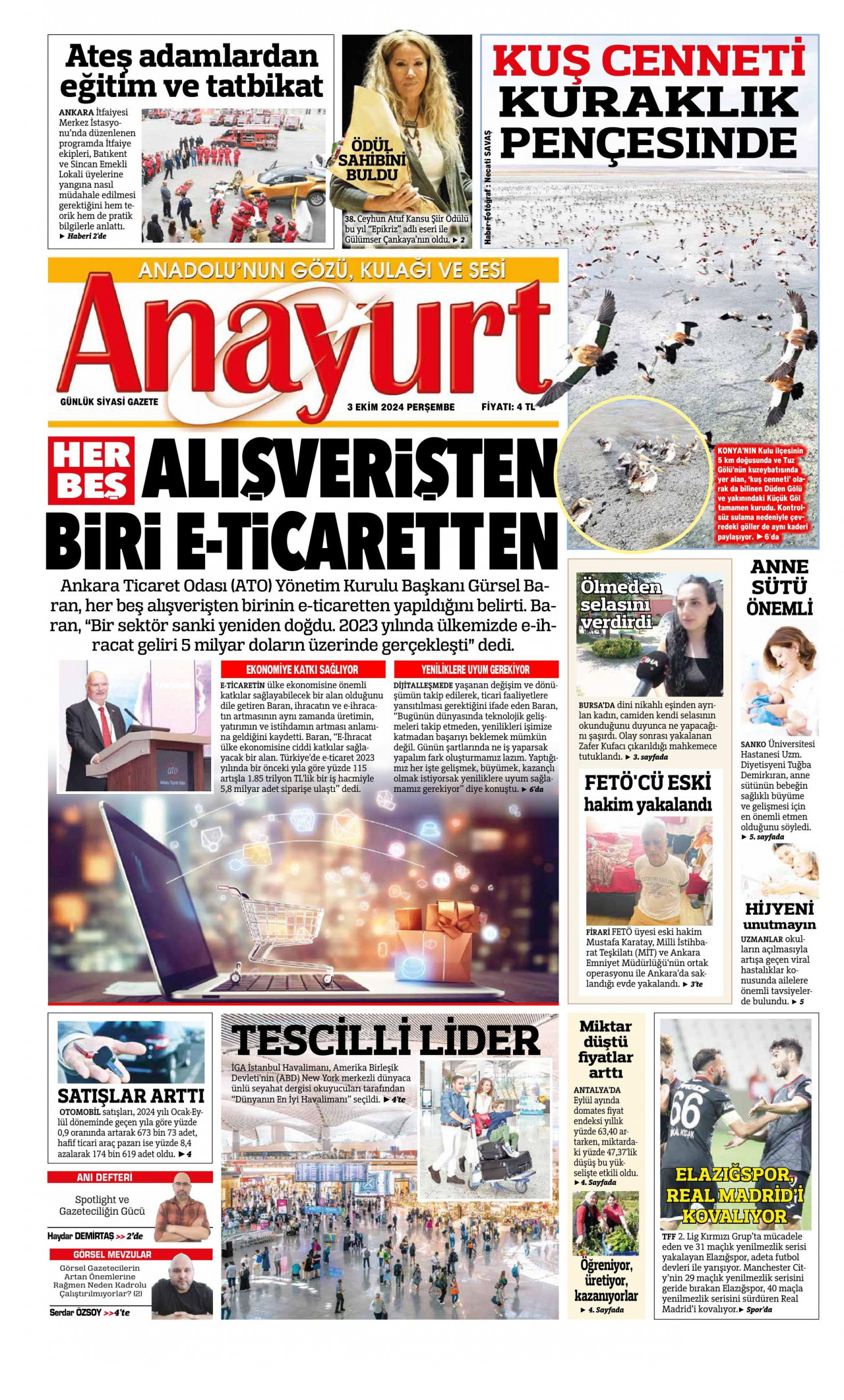ANAYURT gazetesinin 3 Ekim 2024 tarihli birinci sayfası