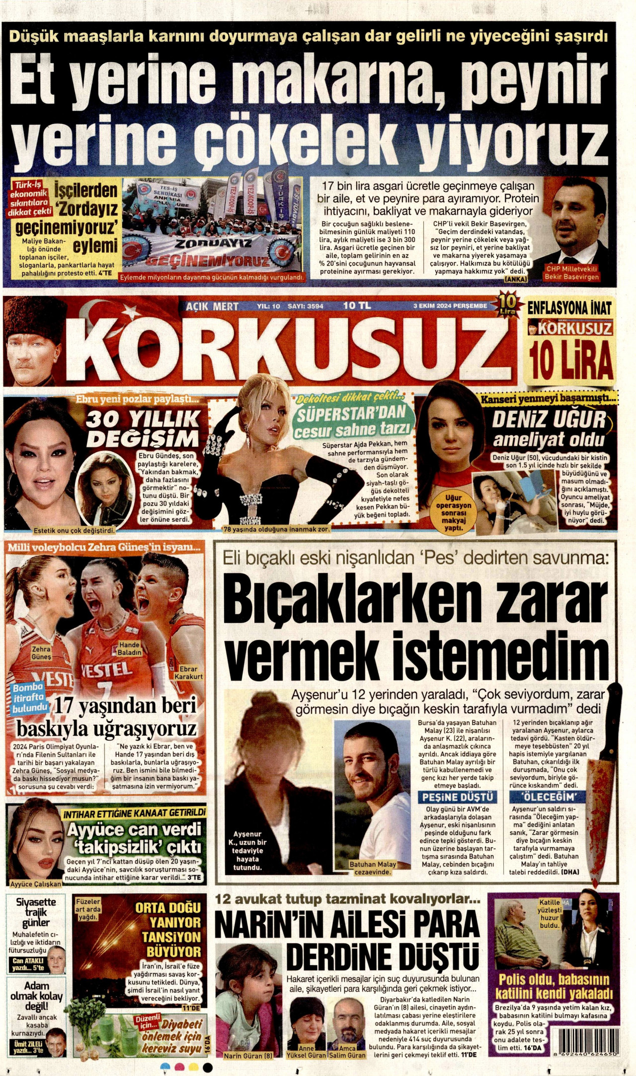 KORKUSUZ gazetesinin 3 Ekim 2024 tarihli birinci sayfası