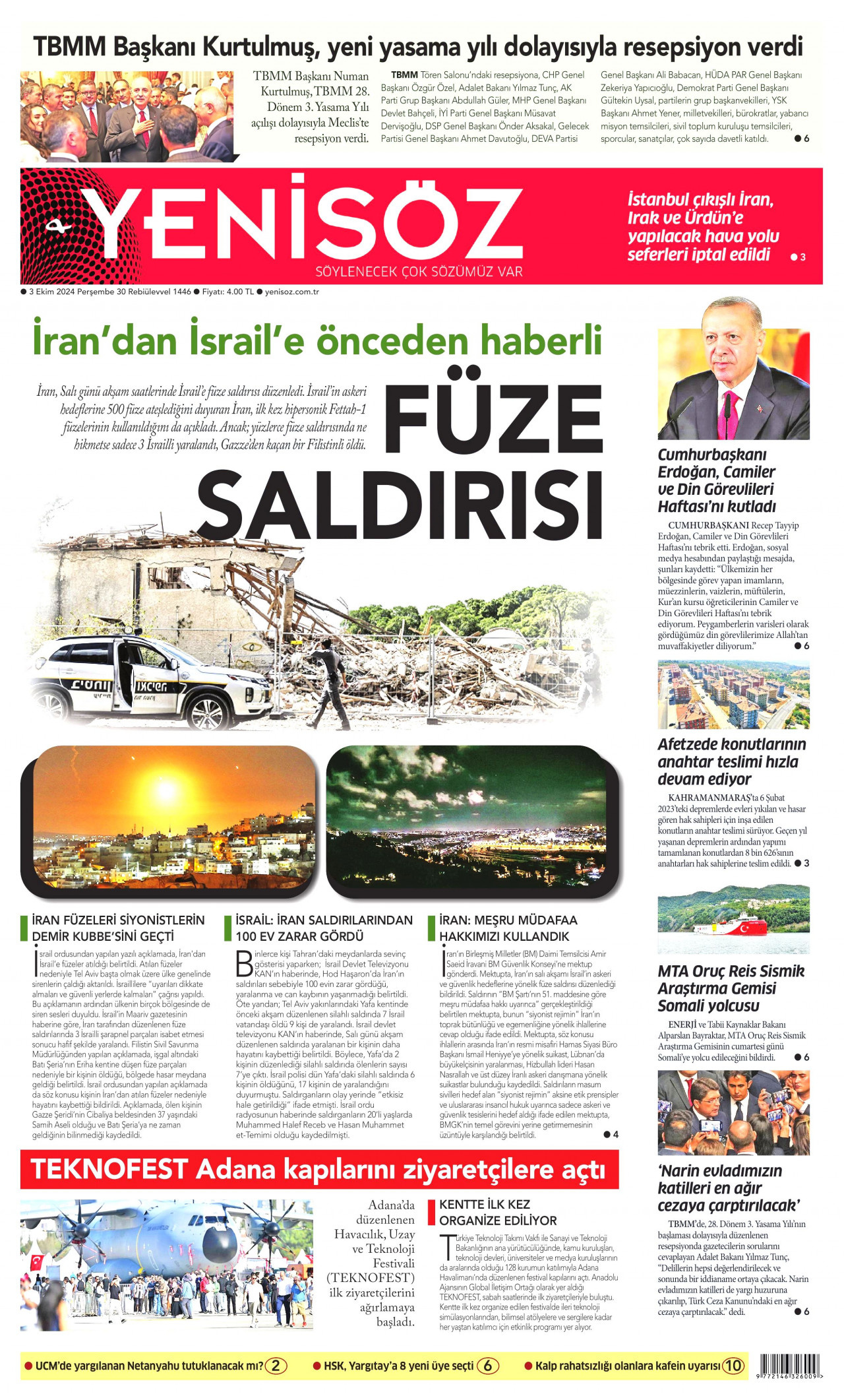 YENİ SÖZ GAZETESİ gazetesinin 3 Ekim 2024 tarihli birinci sayfası