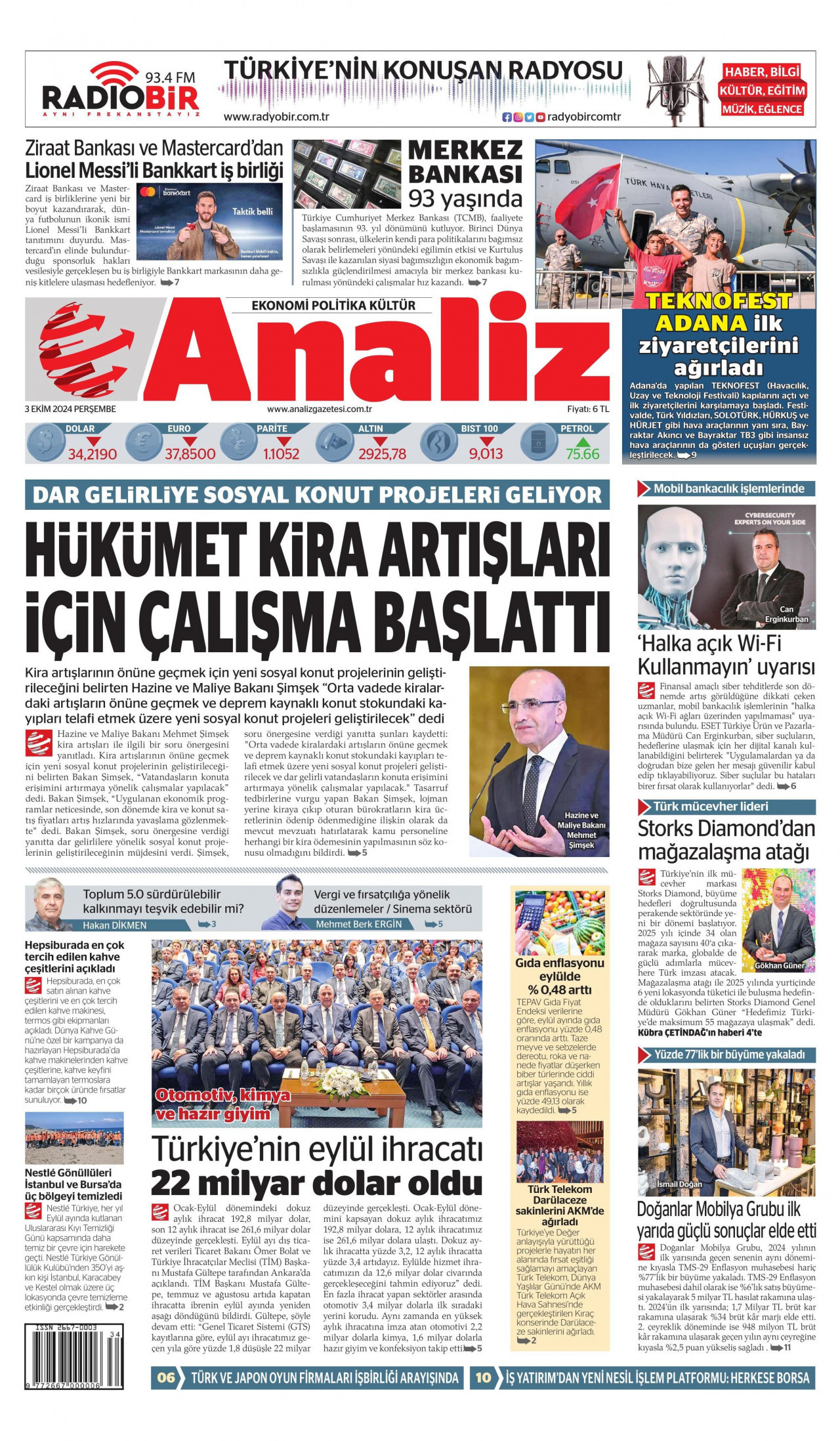 ANALİZ gazetesinin 3 Ekim 2024 tarihli birinci sayfası