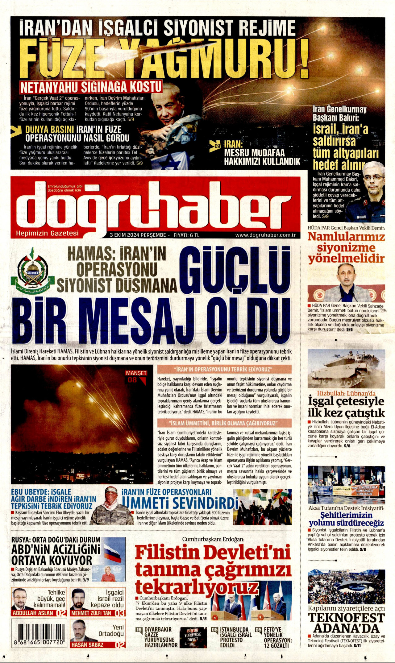 DOĞRU HABER gazetesinin 3 Ekim 2024 tarihli birinci sayfası
