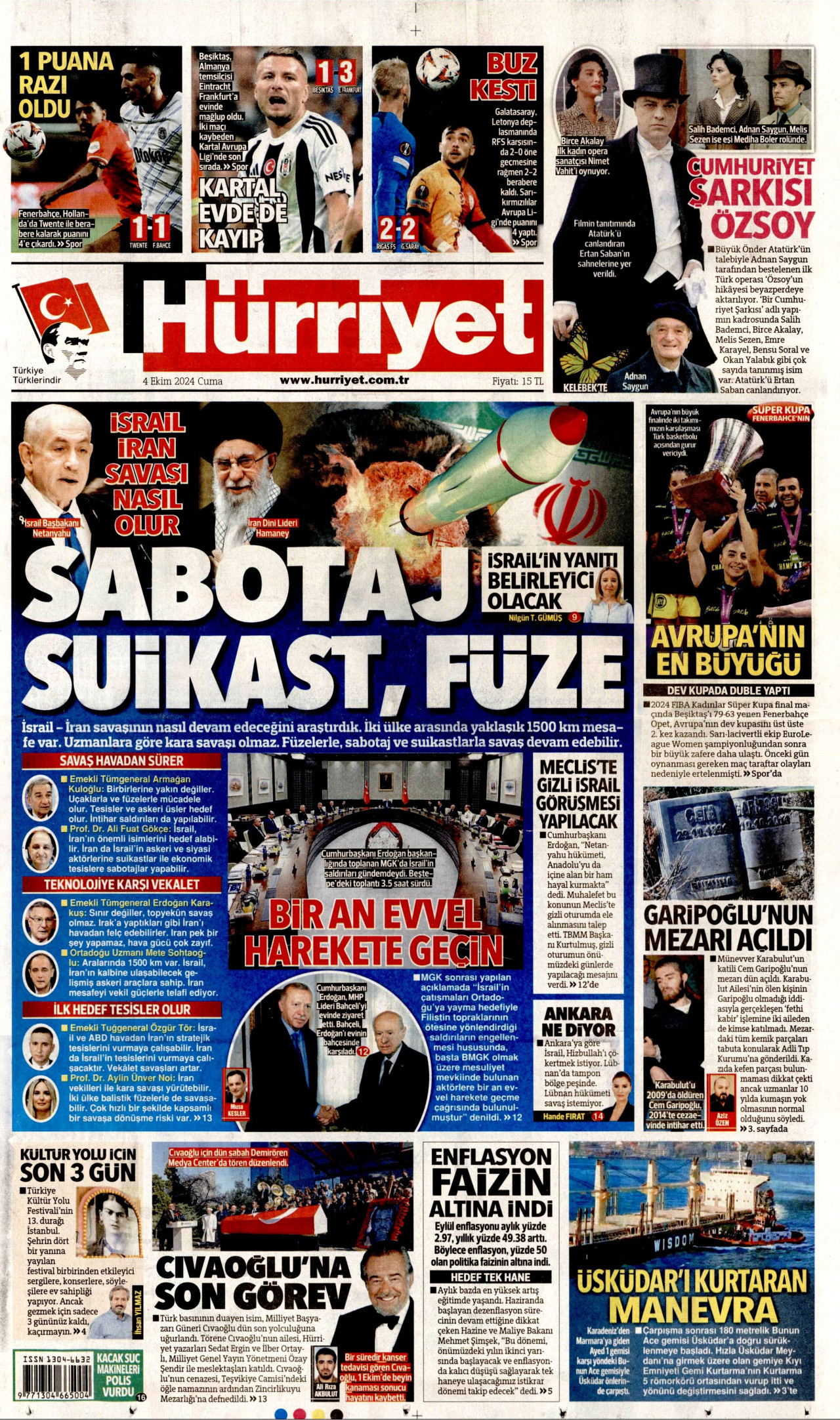 HÜRRİYET gazetesinin 4 Ekim 2024 tarihli birinci sayfası