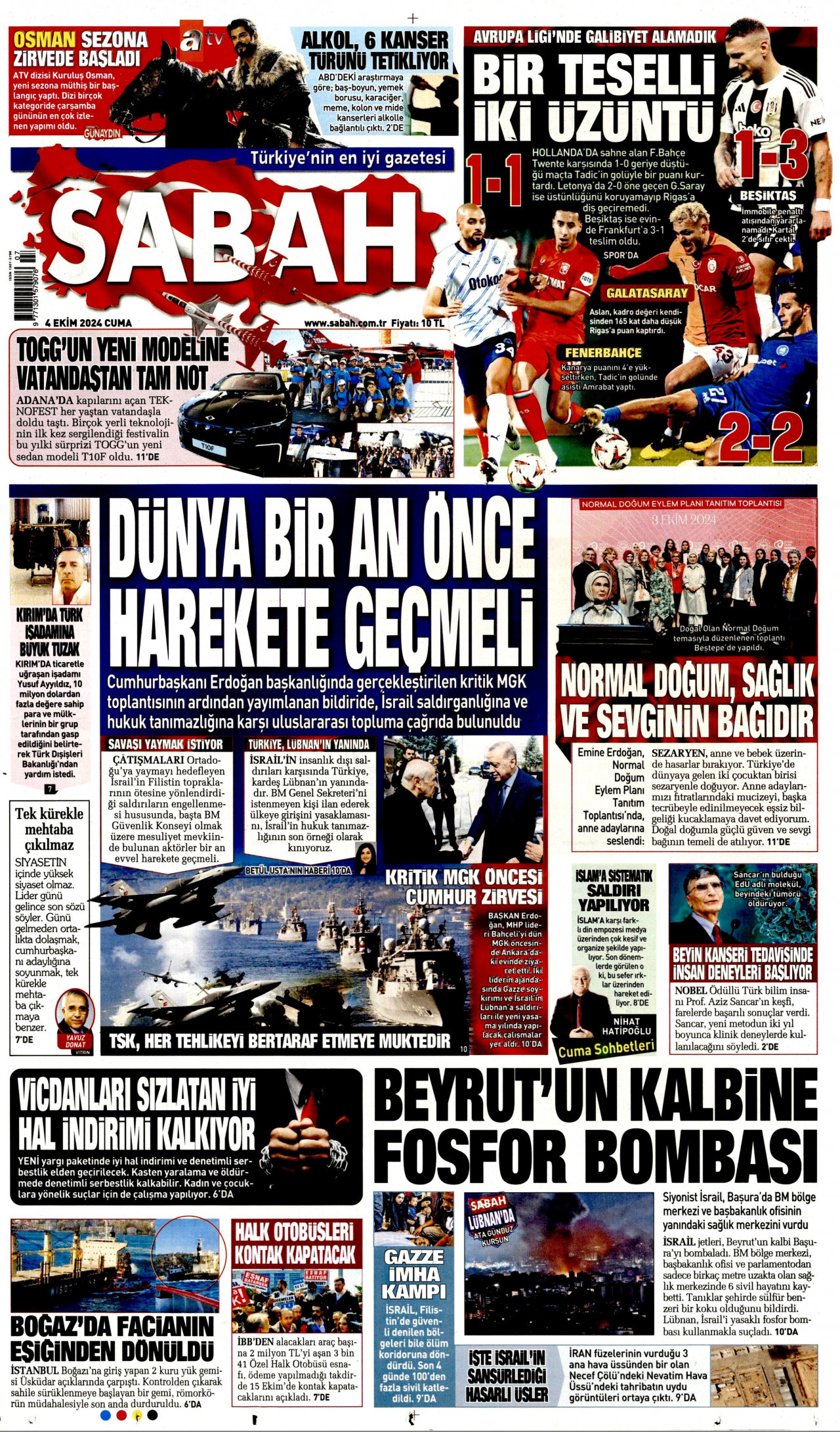 SABAH gazetesinin 4 Ekim 2024 tarihli birinci sayfası