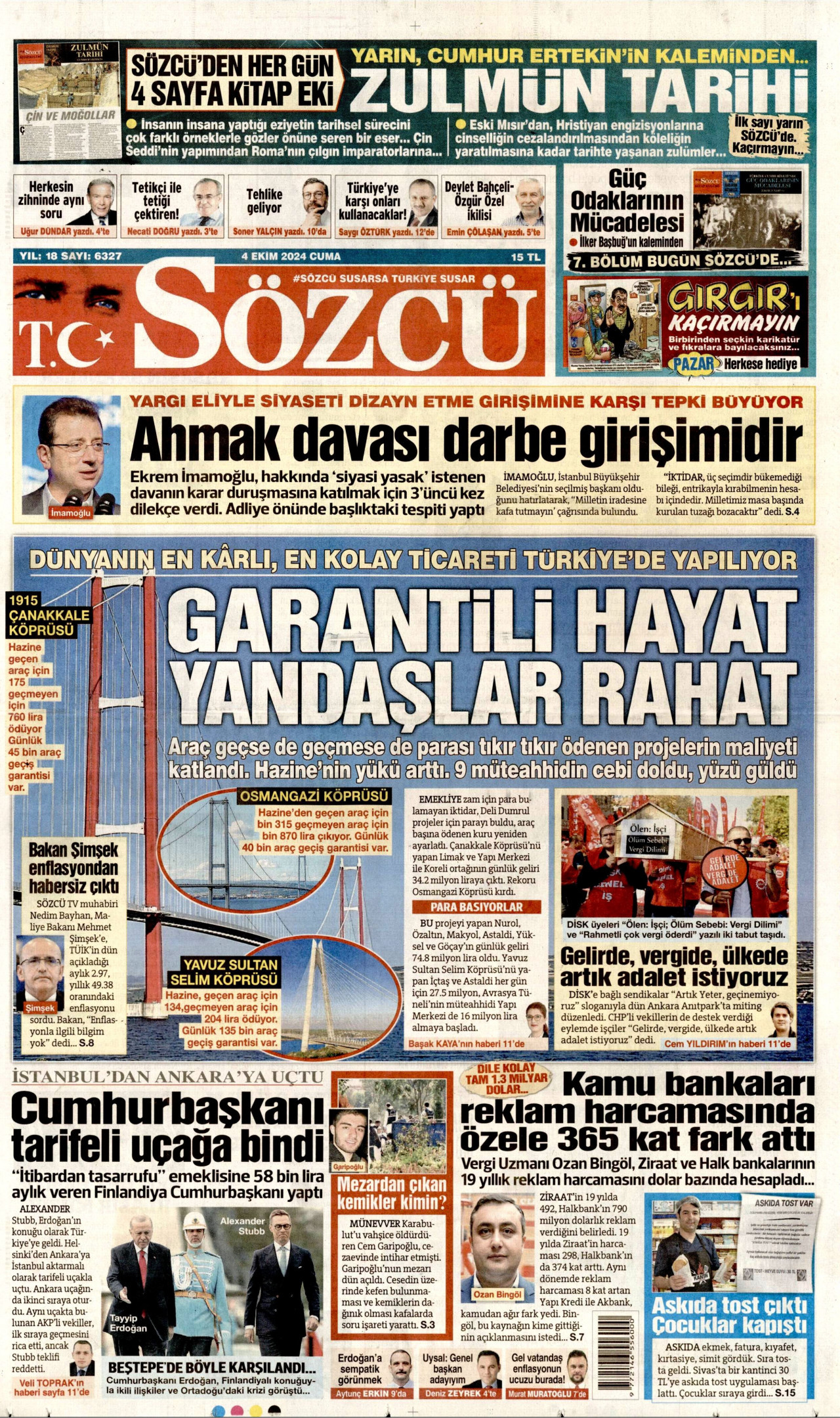 SÖZCÜ gazetesinin 4 Ekim 2024 tarihli birinci sayfası